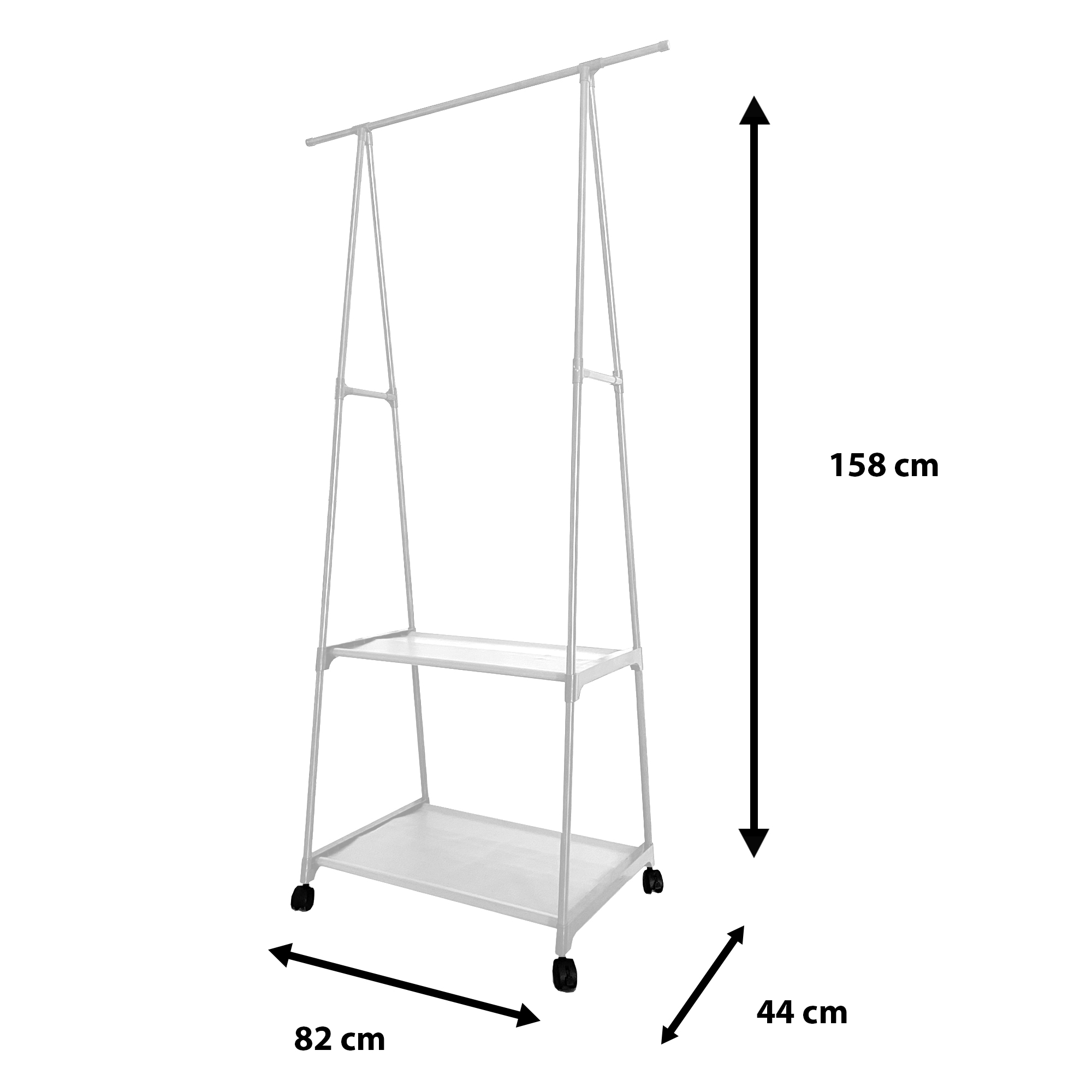 Un perchero blanco con ruedas, de 158x82x44 cm.