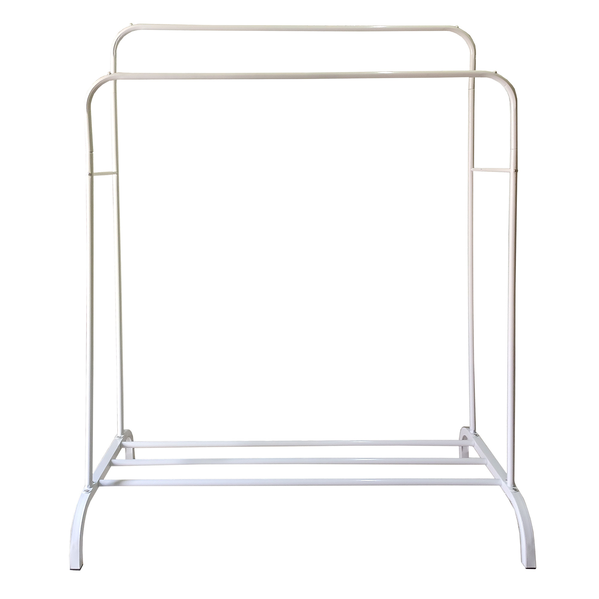 Un perchero blanco de dos niveles con barras de soporte horizontales.