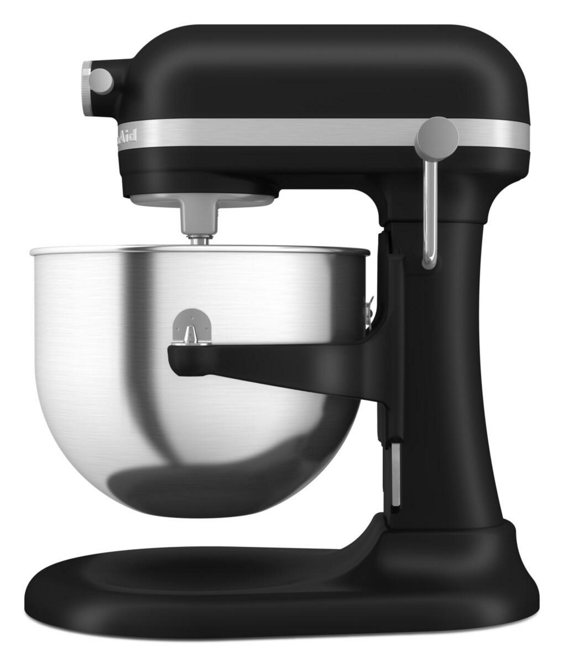 Schwarzer Küchenmixer mit Edelstahlschüssel, auf weißem Hintergrund.