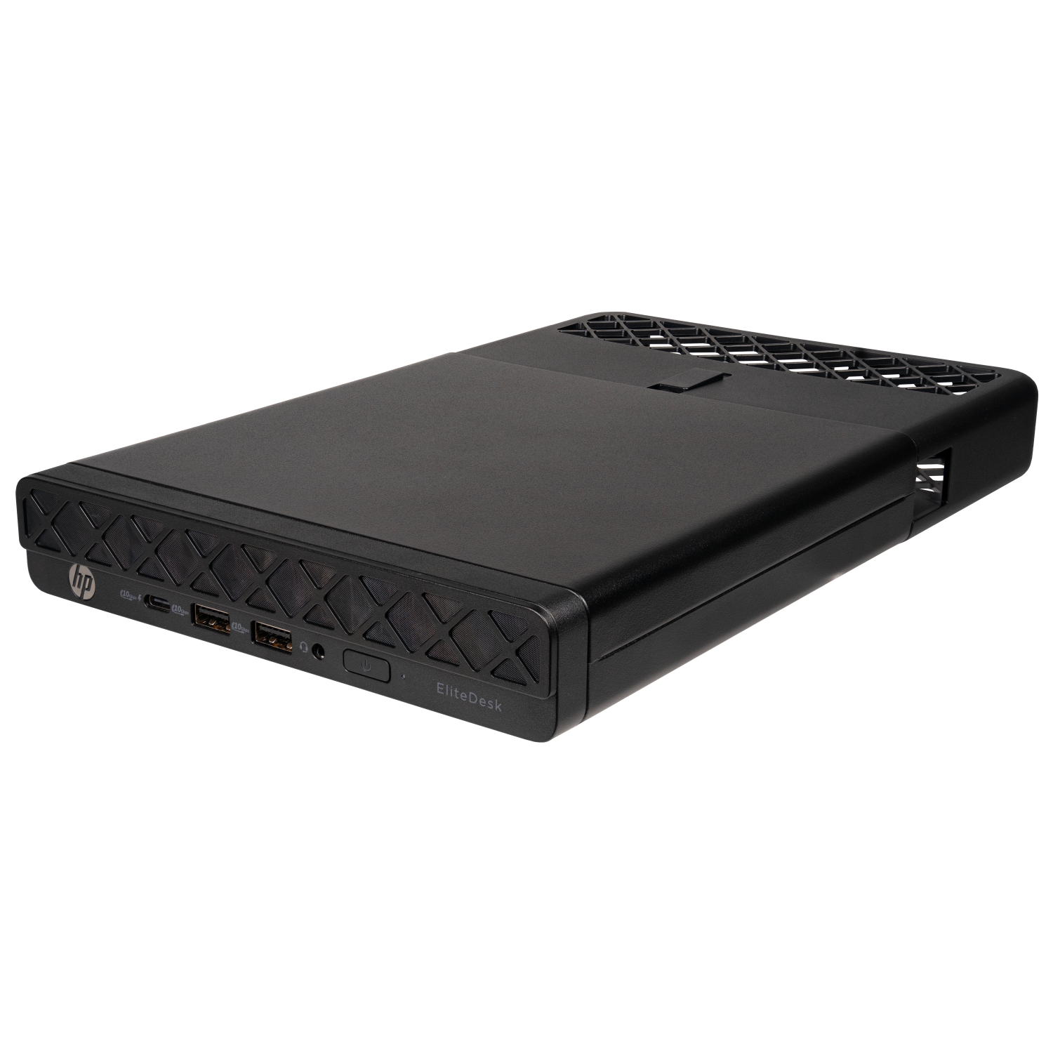Mini PC HP EliteDesk nero con porte USB e griglia di ventilazione.