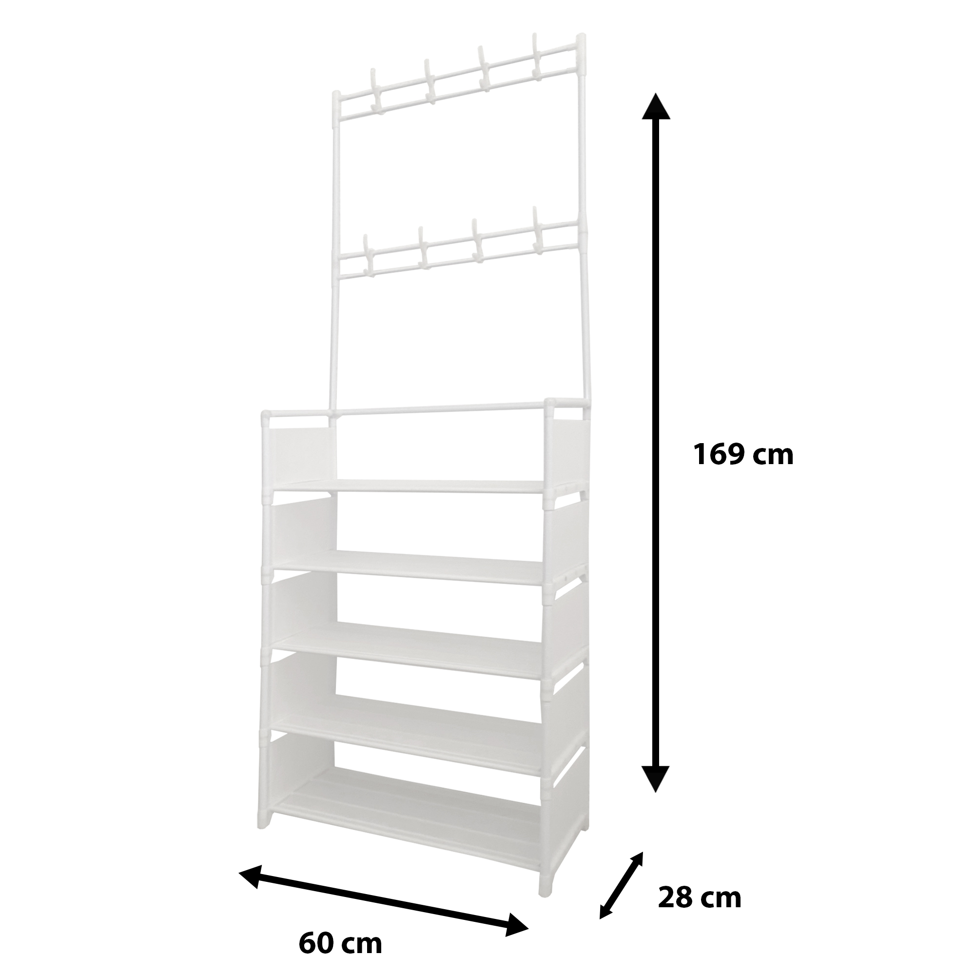 Zapatero blanco con 5 estantes y perchero. Dimensiones: 169x60x28cm.