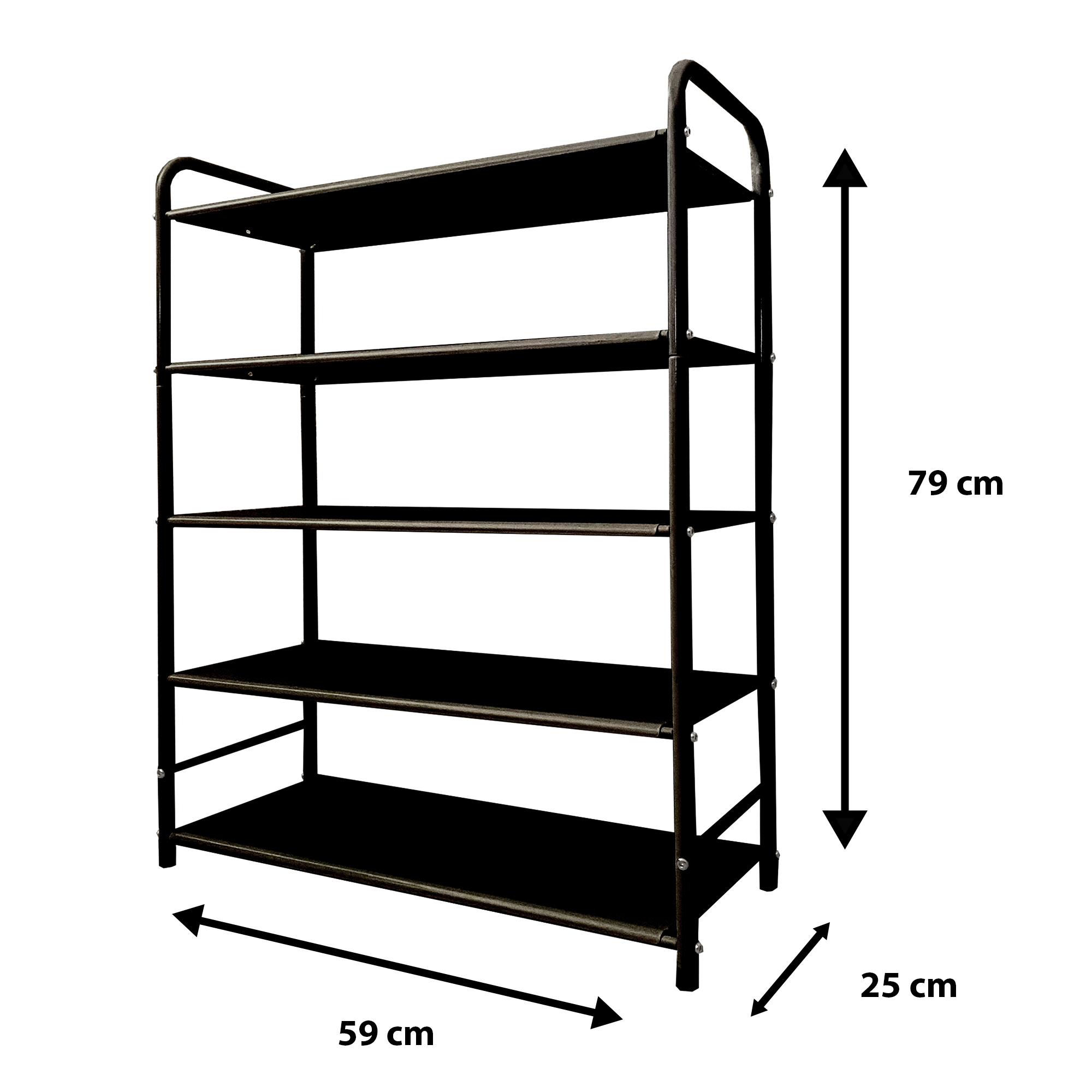 Un estante negro de 5 niveles, 79 cm de alto, 59 cm de ancho y 25 cm de profundo.