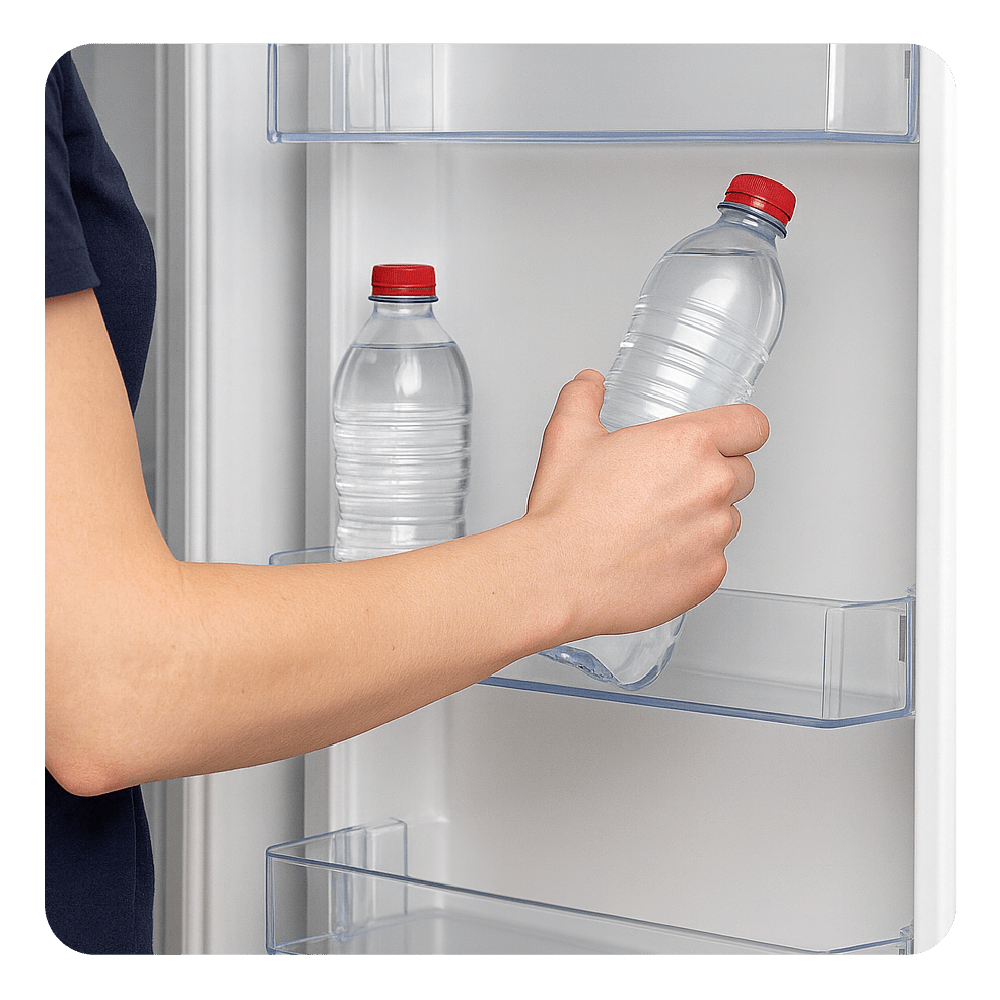 Eine Hand nimmt eine Wasserflasche aus dem Kühlschrankregal.