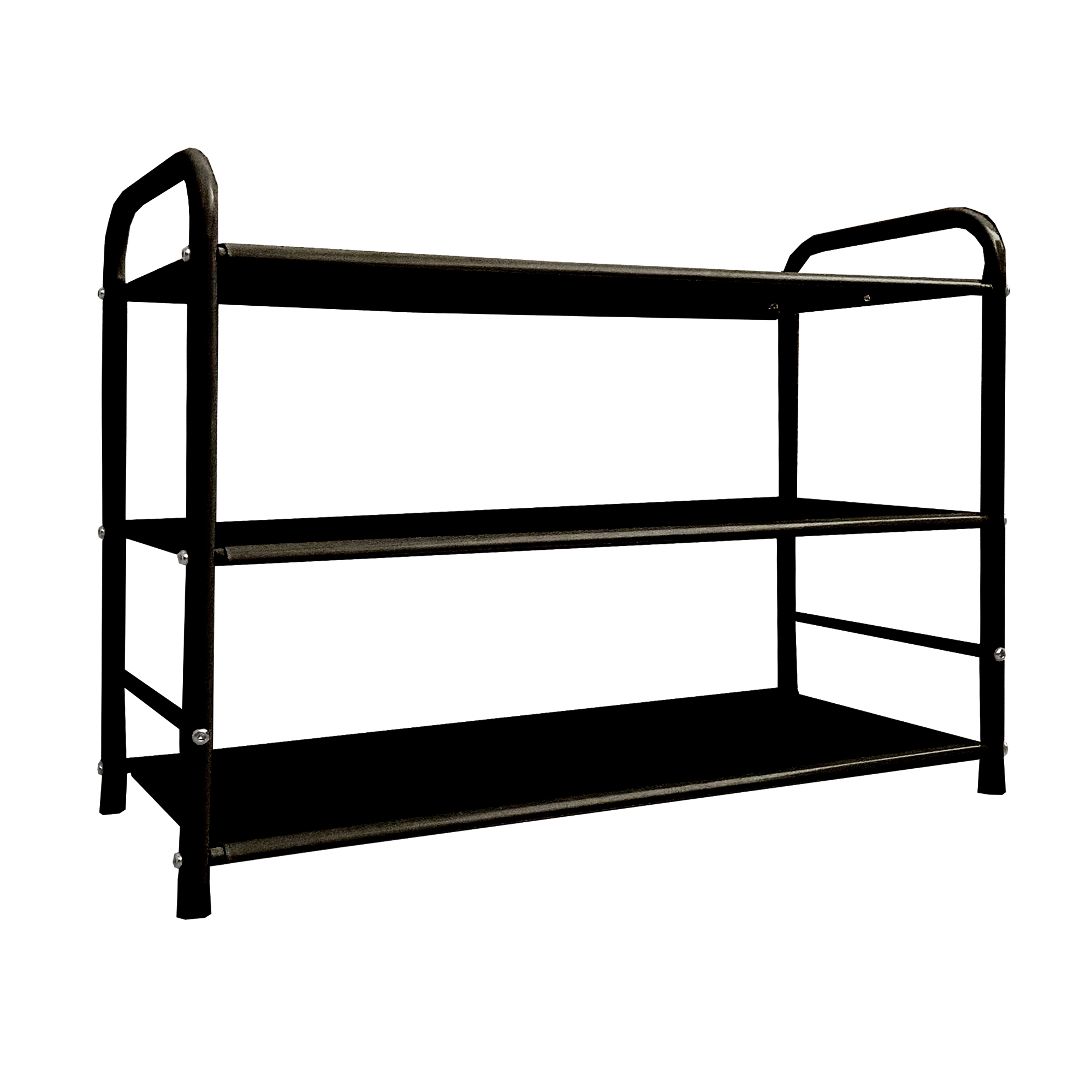 Un estante metálico negro de tres niveles con patas rectas y asas curvas. Diseño simple.