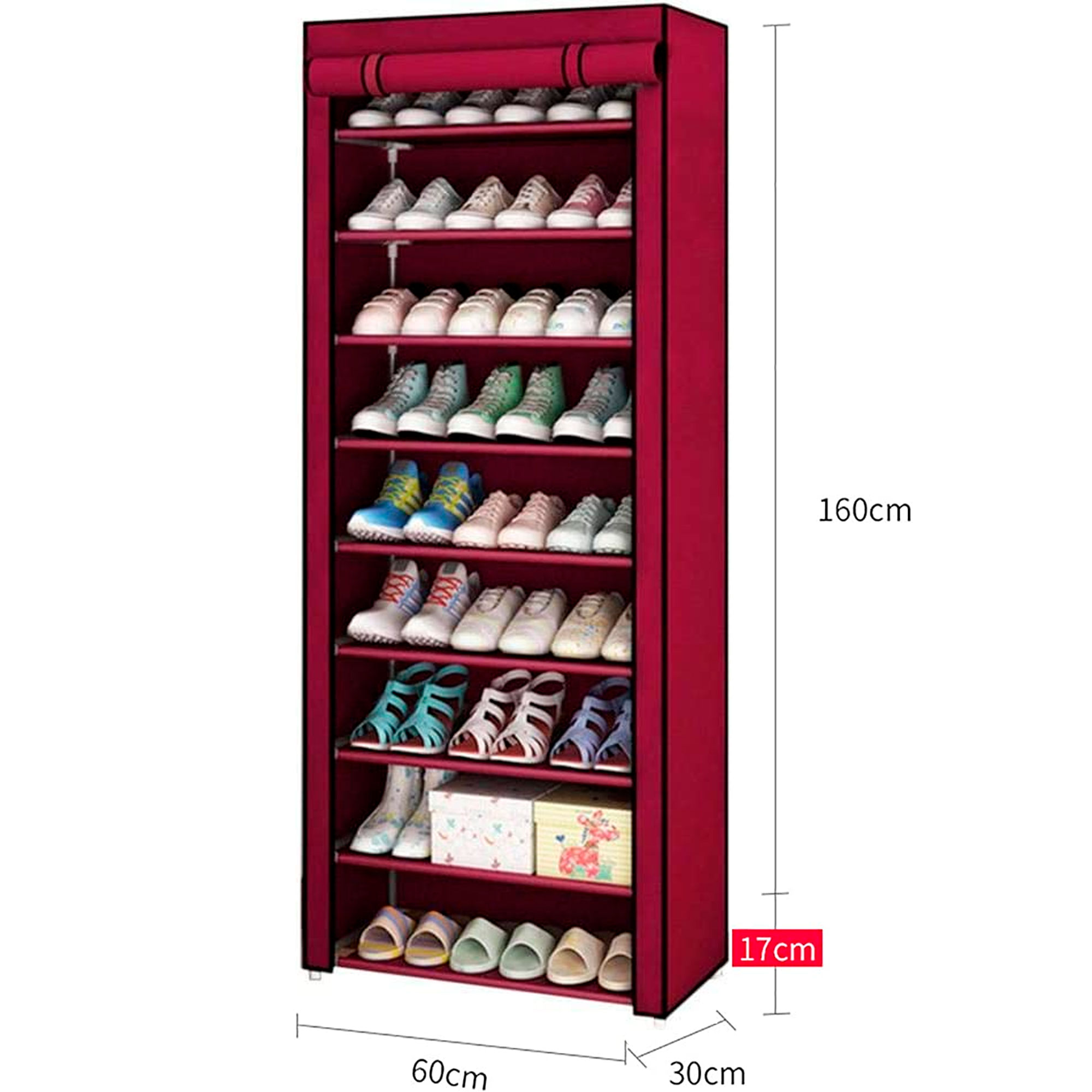 Zapatero rojo de varios niveles lleno de zapatos y cajas variadas.
