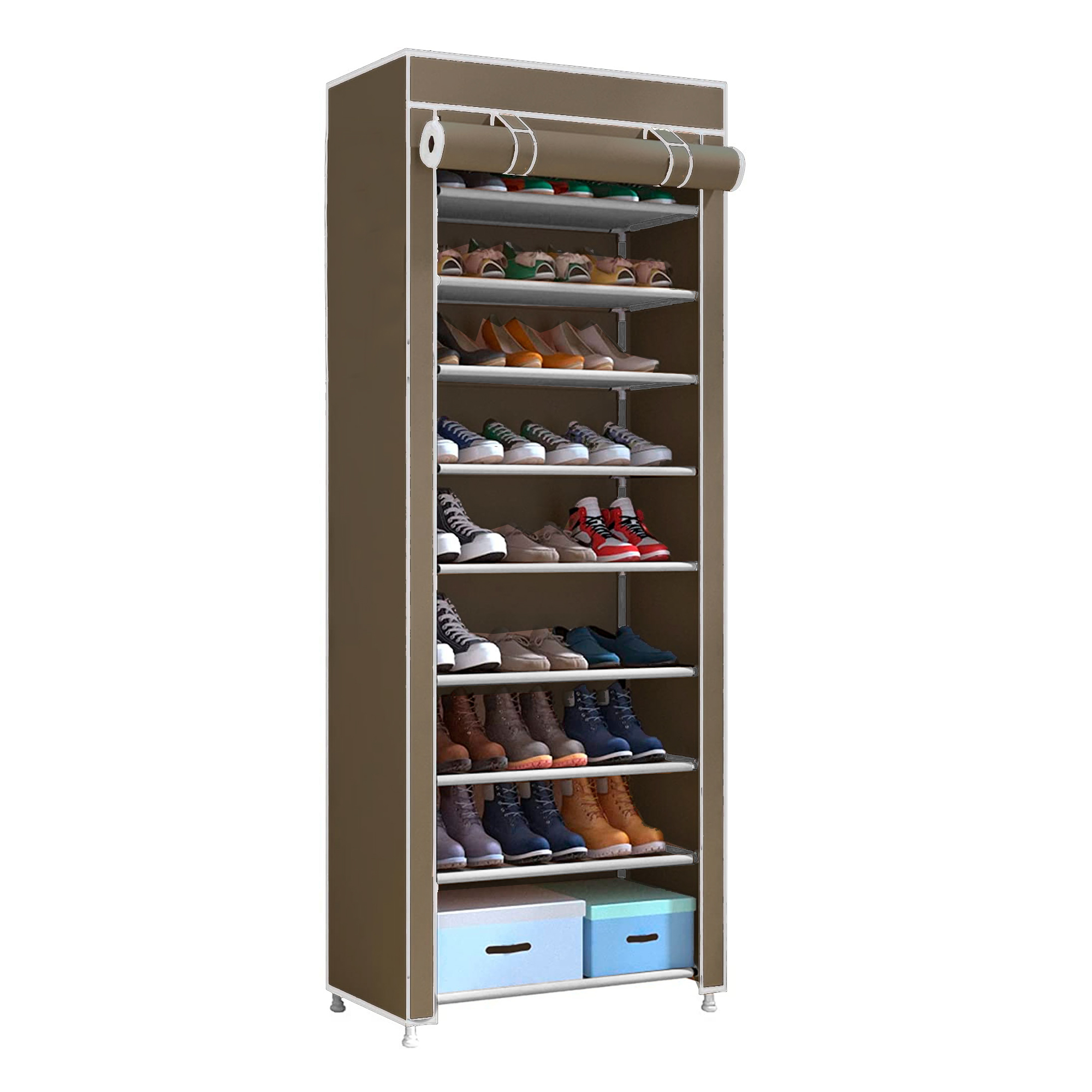 Un zapatero de tela marrón con 8 estantes llenos de varios zapatos y botas.