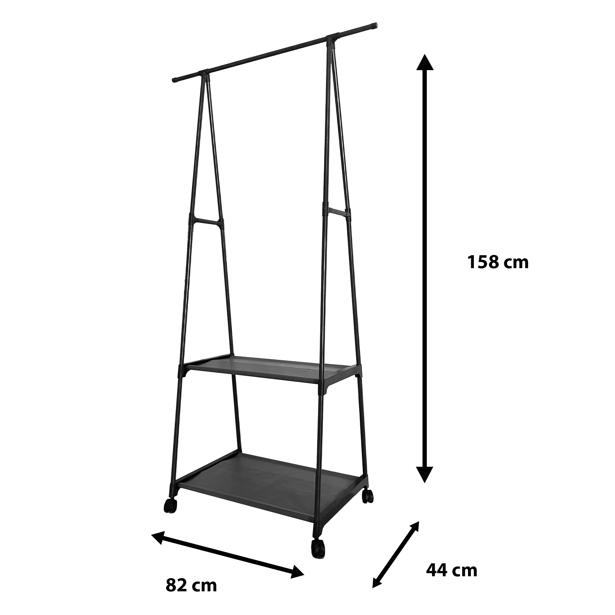 Perchero negro con ruedas, 2 estantes. Al158xAn82xPr44cm.