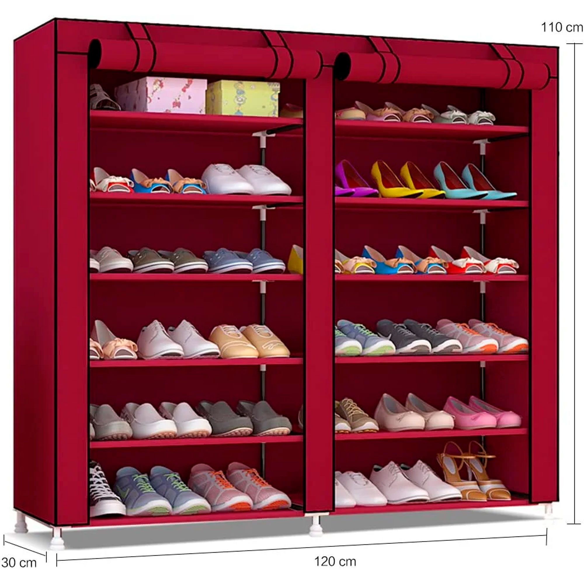 Un zapatero rojo con muchos zapatos, botas y cajas en varios estantes.