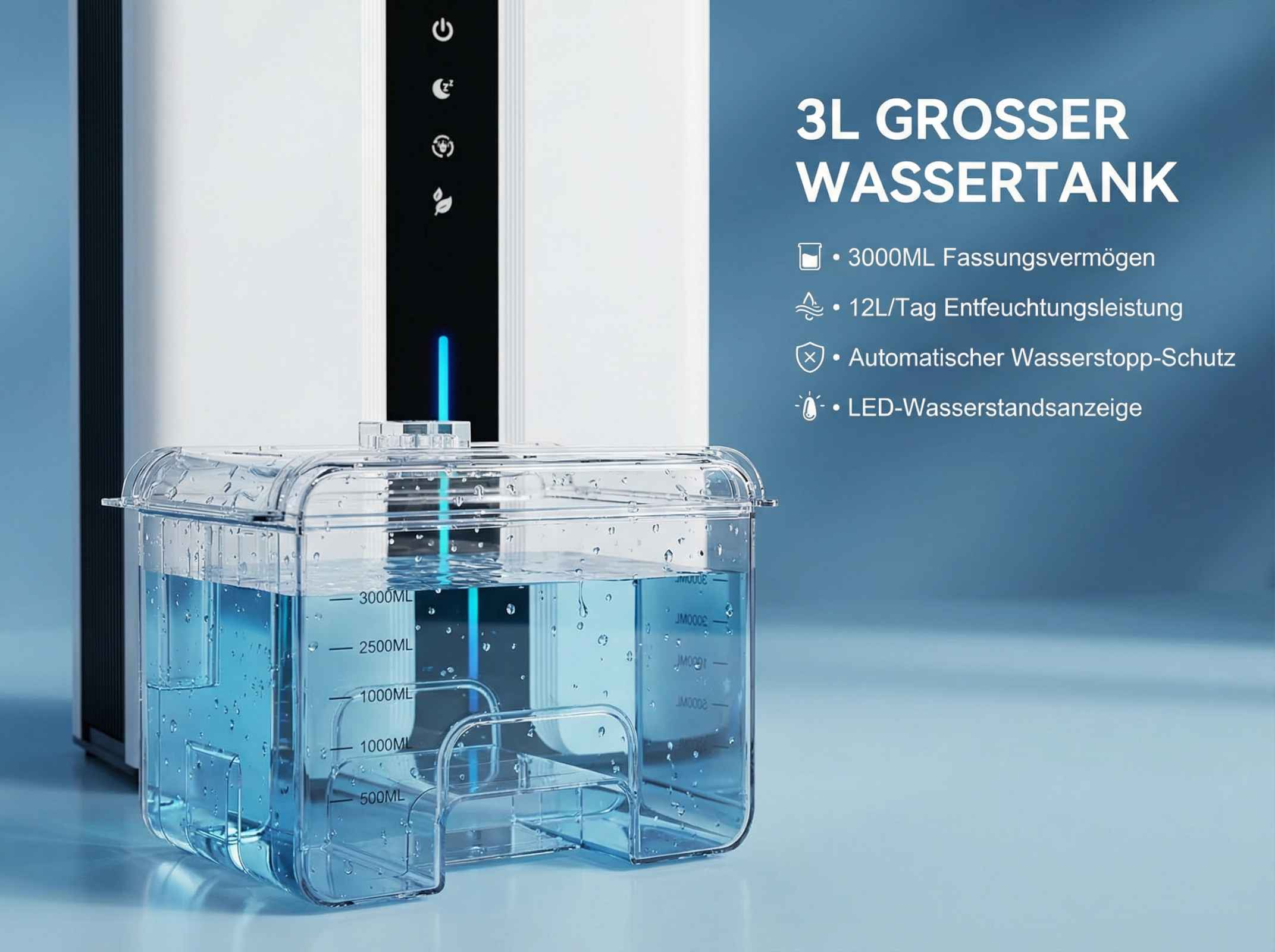 Luftentfeuchter mit 3L Wassertank, Füllstandsanzeige und LED-Licht.