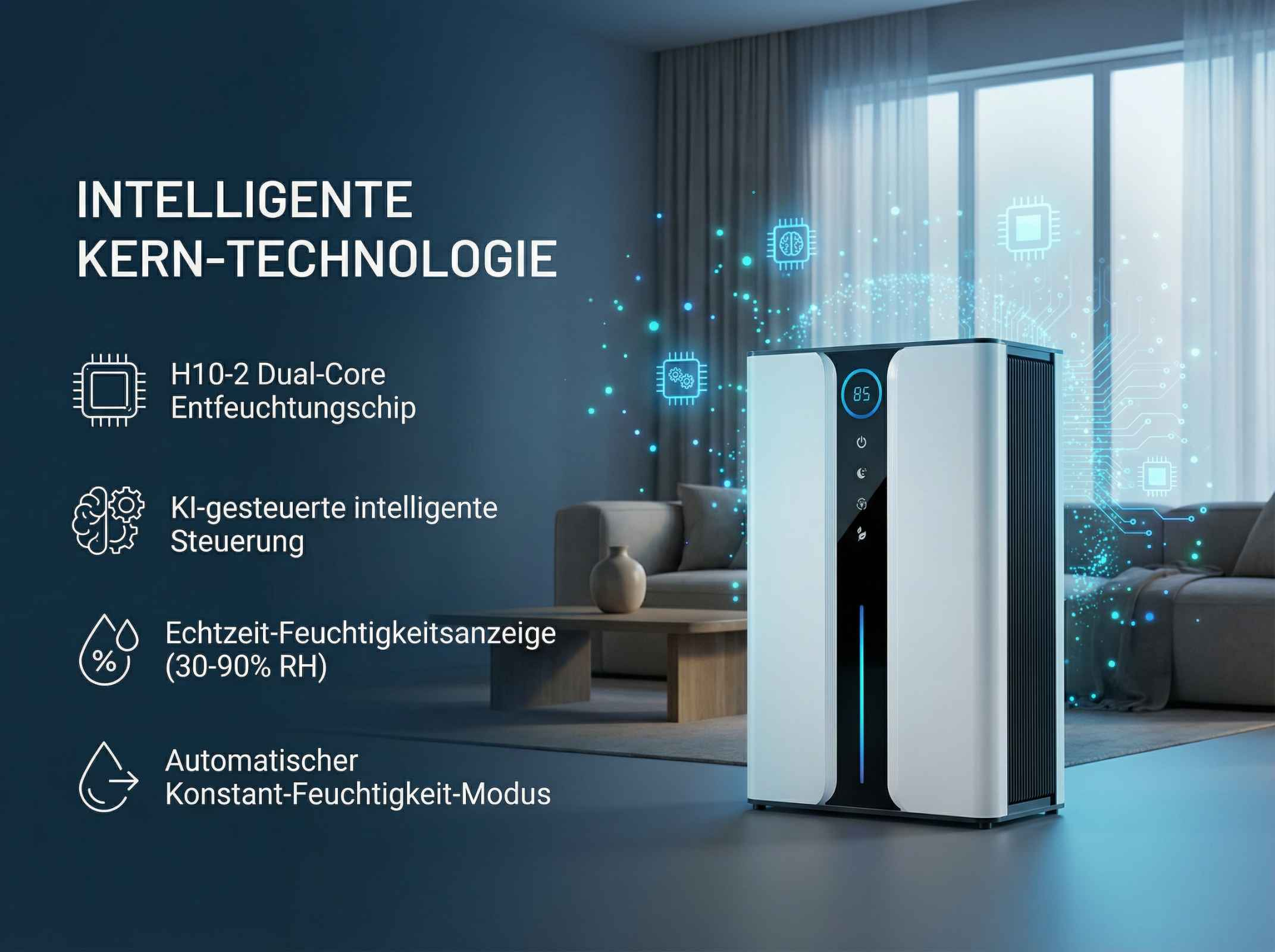 Moderner Luftentfeuchter mit H10-2 Chip in stilvollem Wohnzimmer.