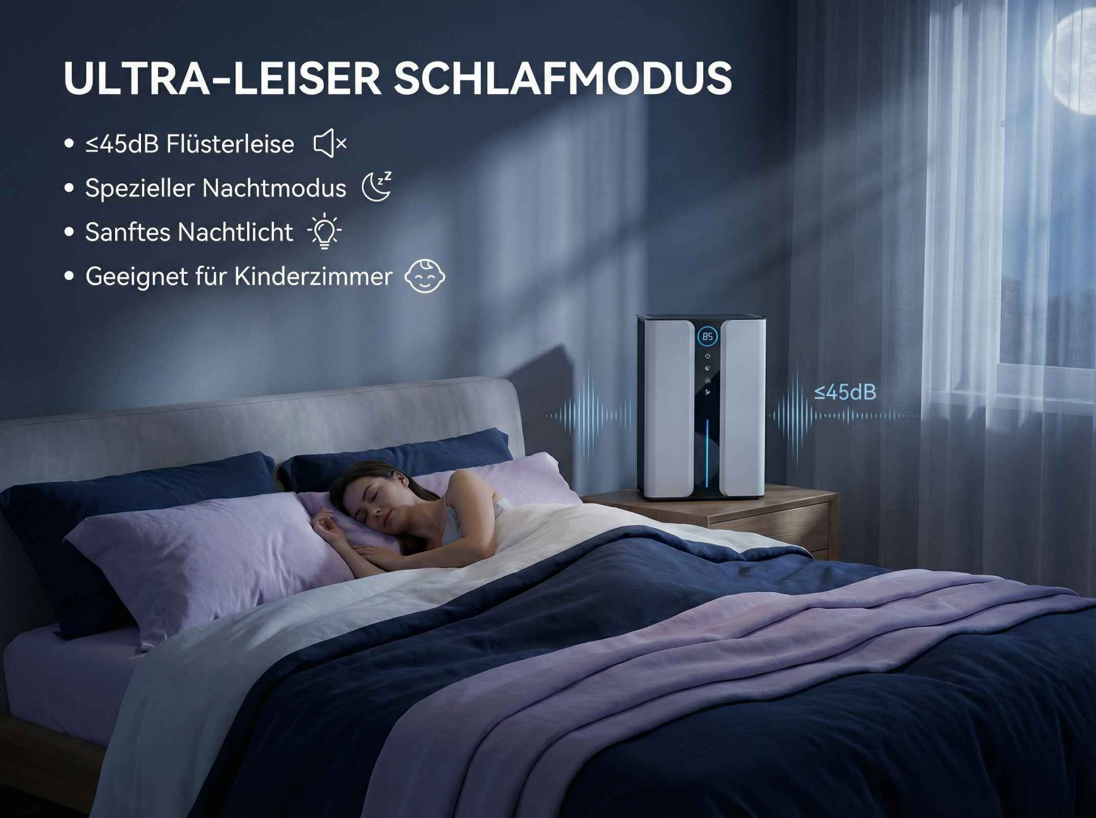 Eine Frau schläft im Bett, ein Luftreiniger steht daneben. Der Modus ist leise.