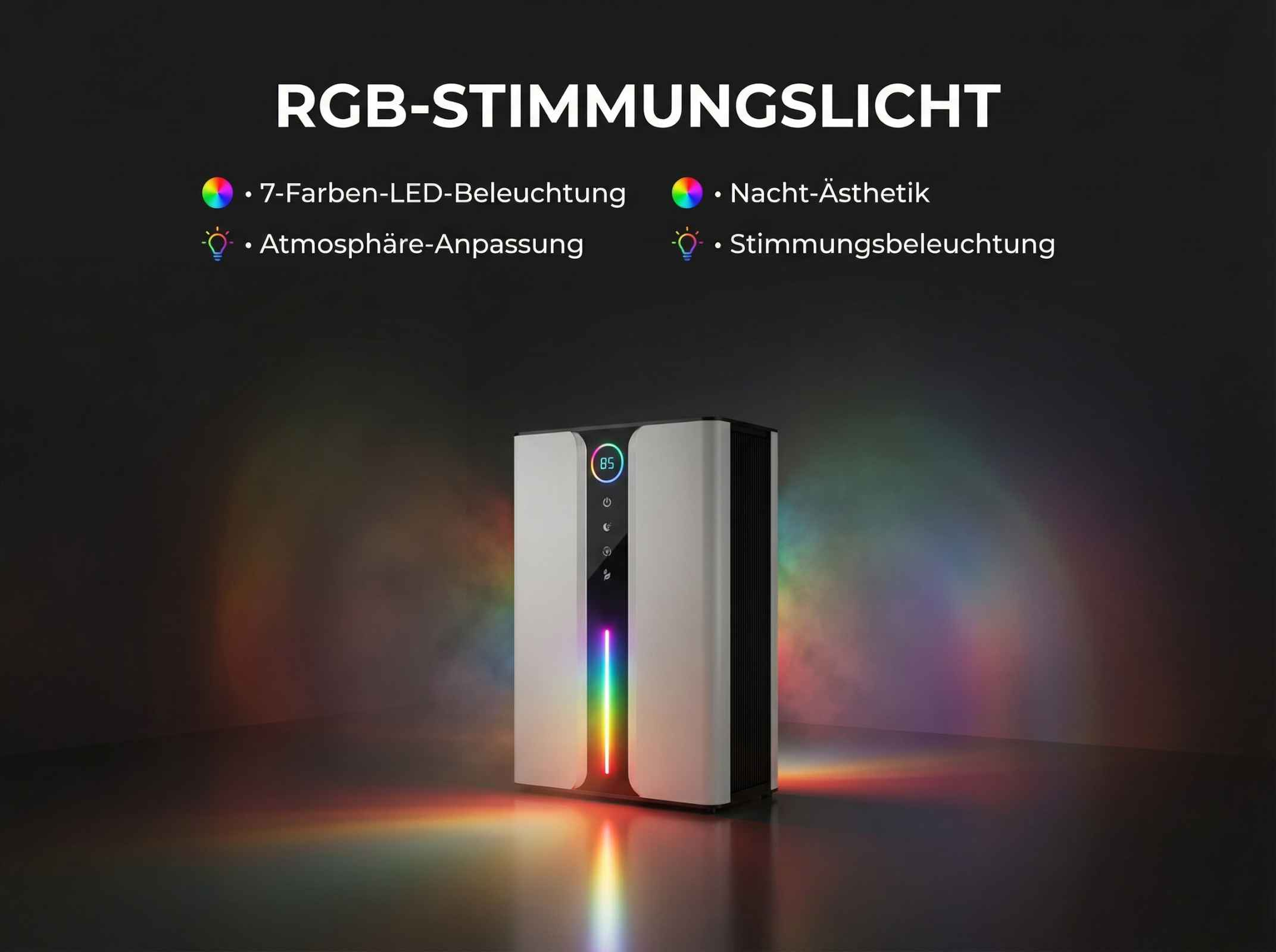 Ein vertikales Gerät mit RGB-Beleuchtung und Bedienelementen.