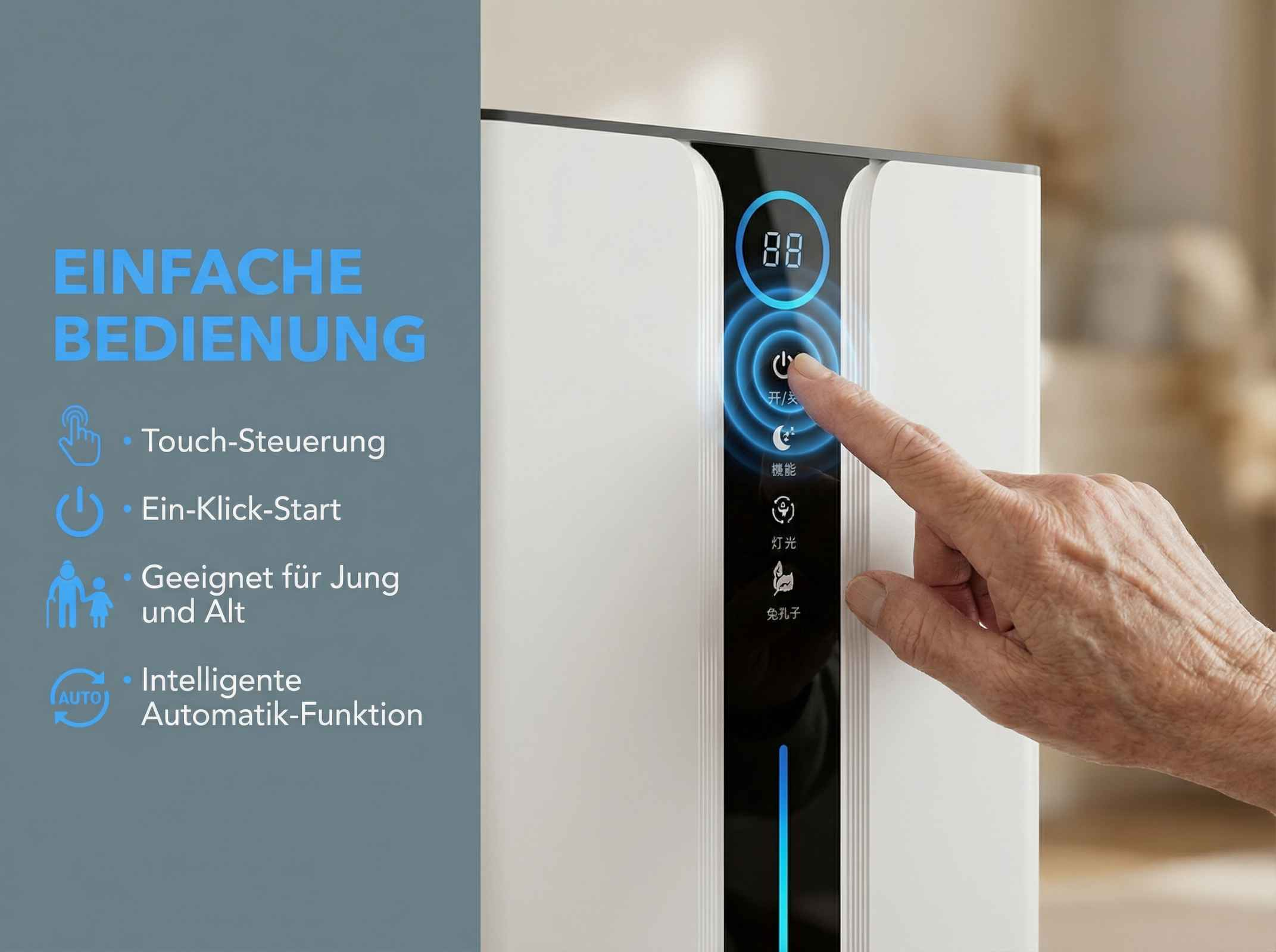 Eine Hand bedient ein Gerät mit Touchscreen und Symbolen. Links sind einfache Bedienungsschritte aufgelistet.