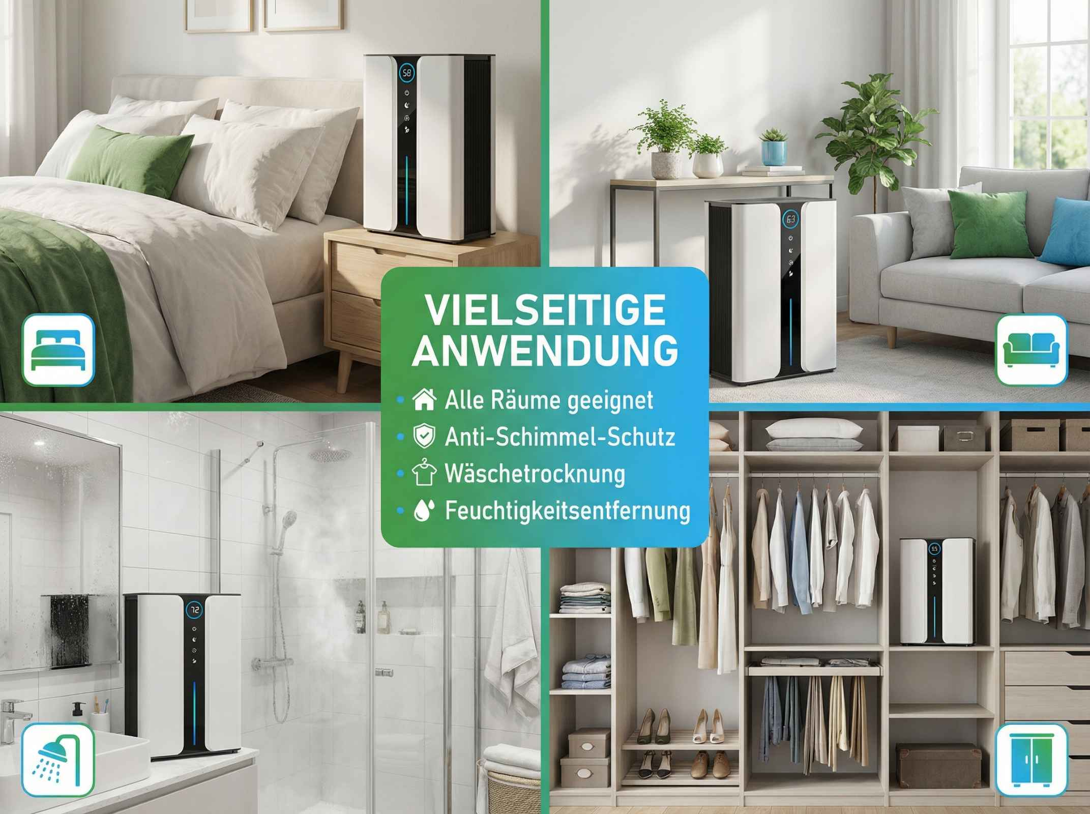 Vielseitige Anwendung: Schlafzimmer, Wohnzimmer, Bad, Kleiderschrank.
