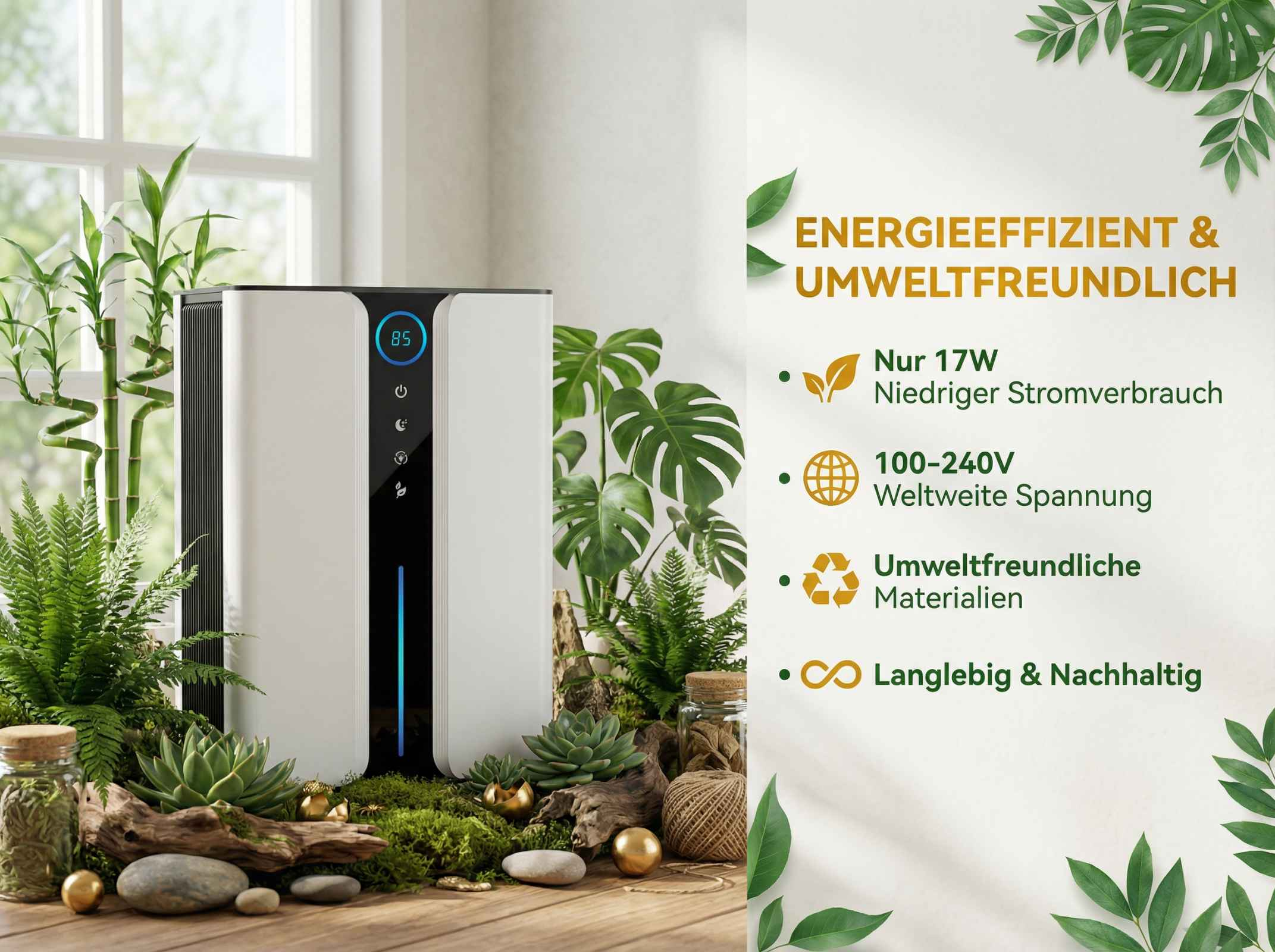 Ein weißer Luftreiniger mit digitaler Anzeige neben Pflanzen. Text über Energieeffizienz.