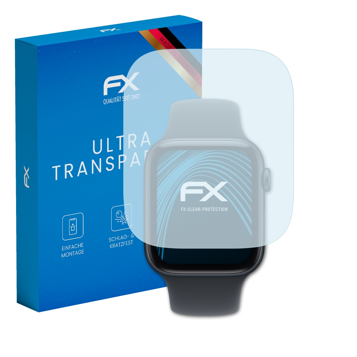 Blauer Karton mit FX-Logo, daneben eine Smartwatch mit Displayschutzfolie.
