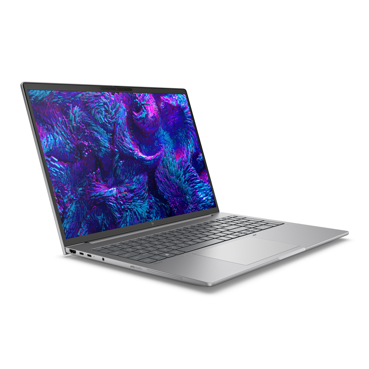 Srebrny laptop z żywą fioletowo-niebieską abstrakcyjną tapetą na ekranie.