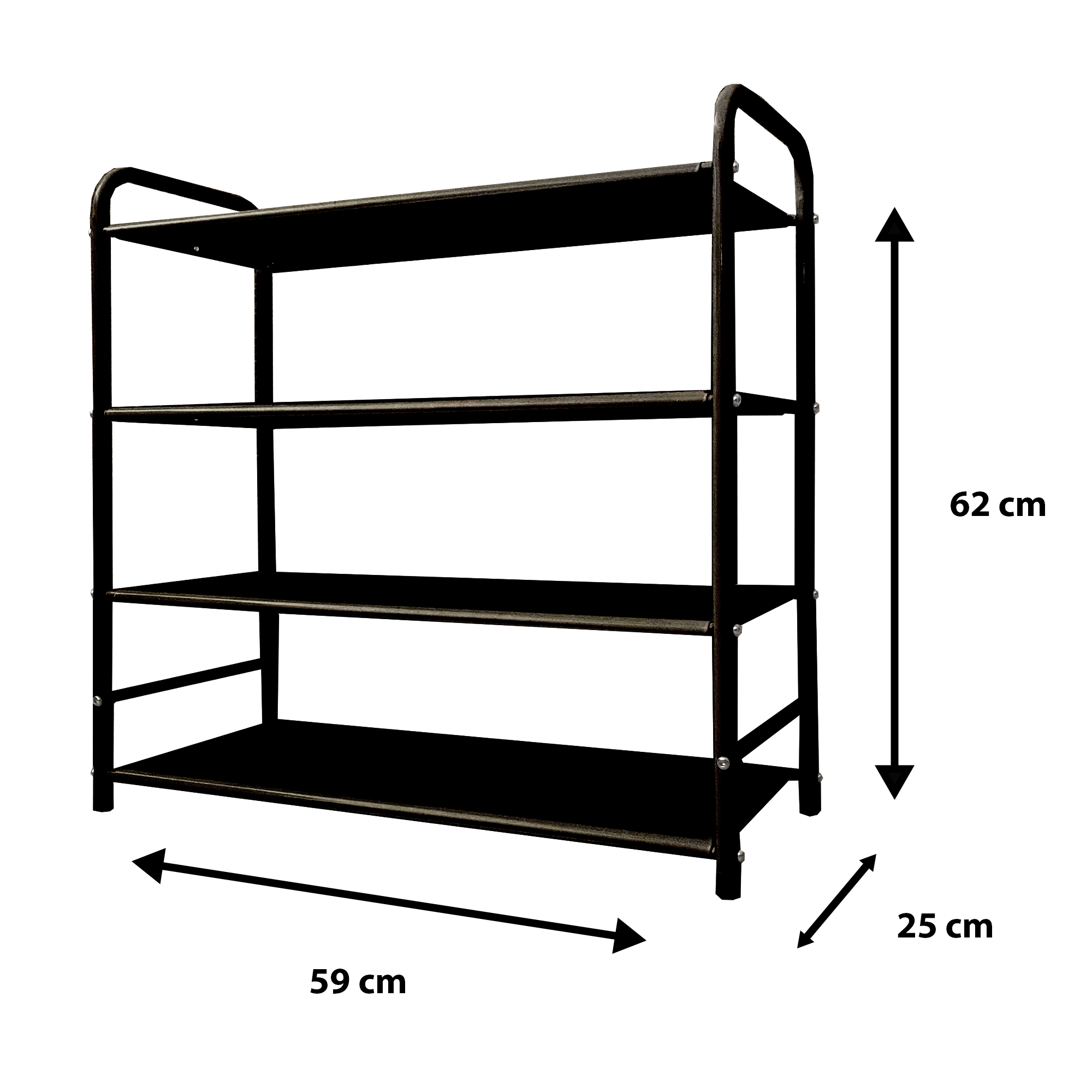 Un estante negro de cuatro niveles, dimensiones 59x25x62 cm.