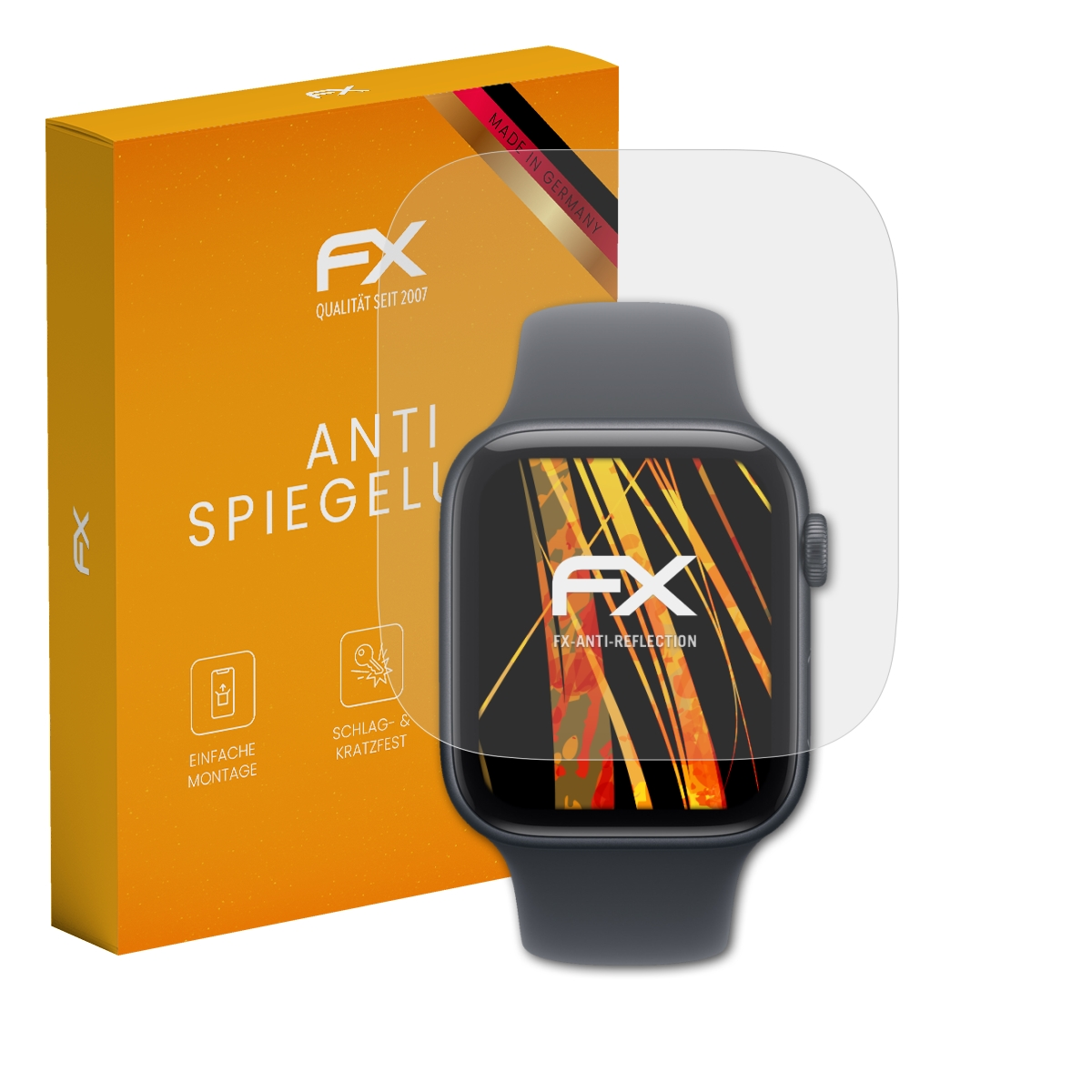 FX Anti-Spiegel-Schutzfolie für Smartwatch mit orangefarbener Verpackung.