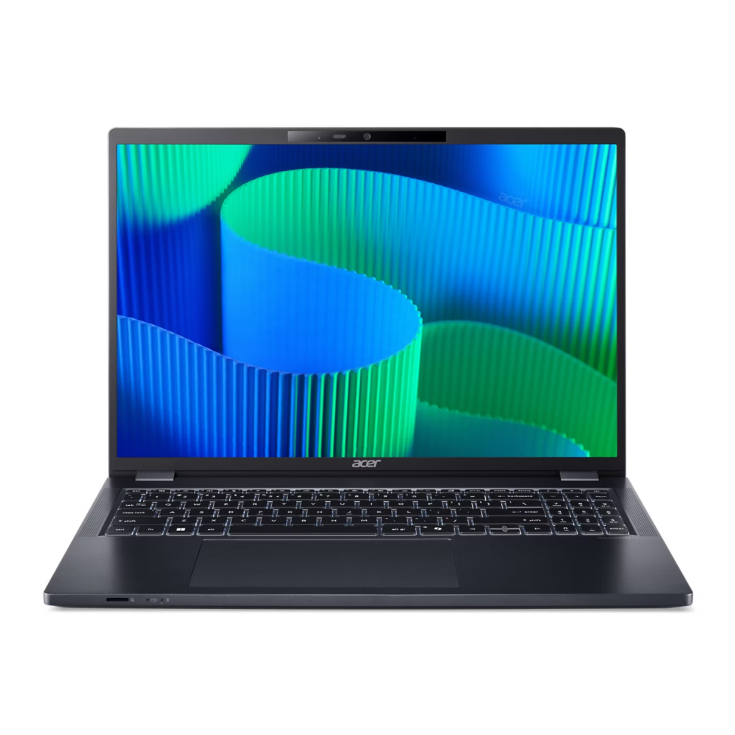 Zamknięty czarny laptop Acer z podświetlaną klawiaturą i niebiesko-zieloną tapetą.