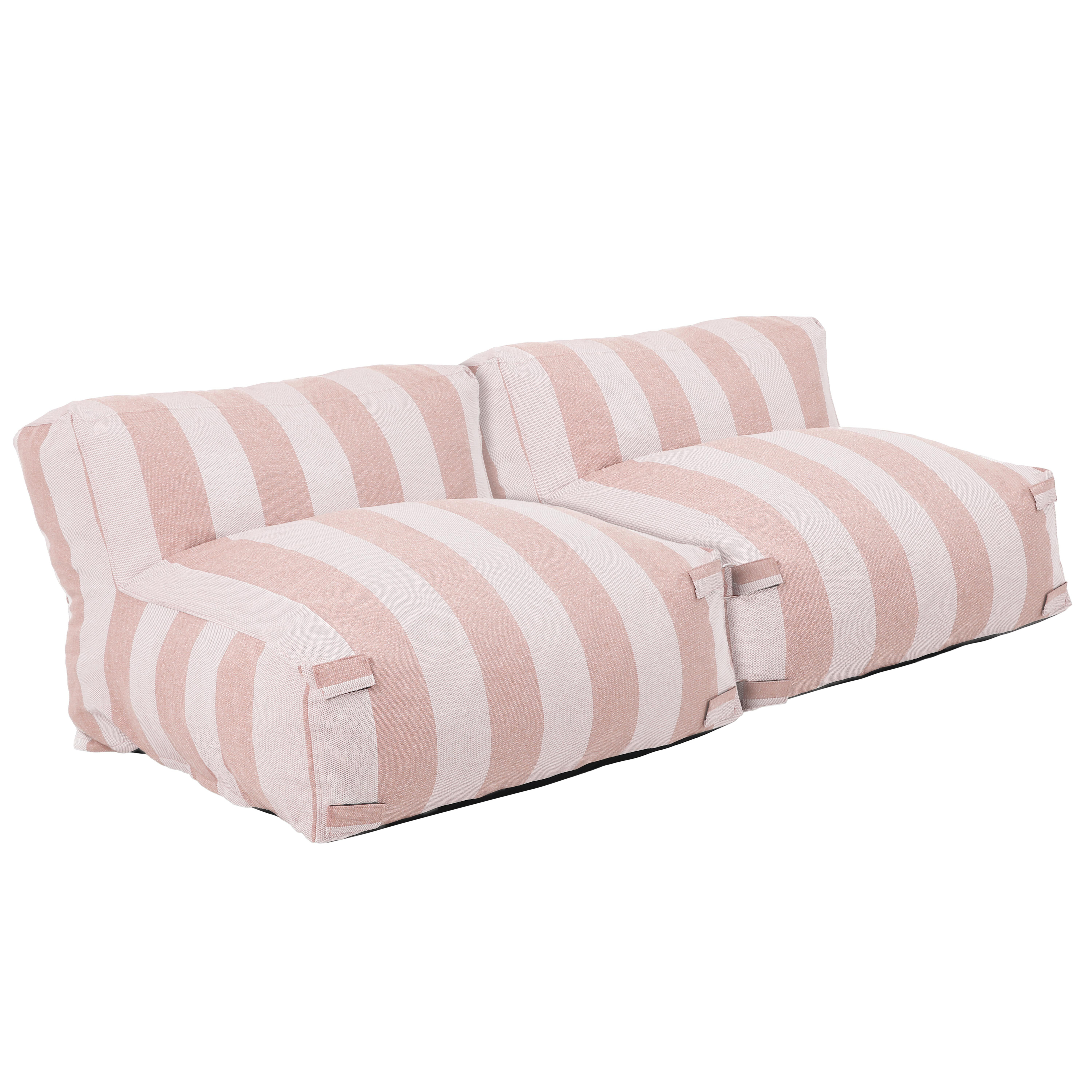 Ein gestreiftes Sofa mit rosa und weißen Streifen, auf weißem Hintergrund.