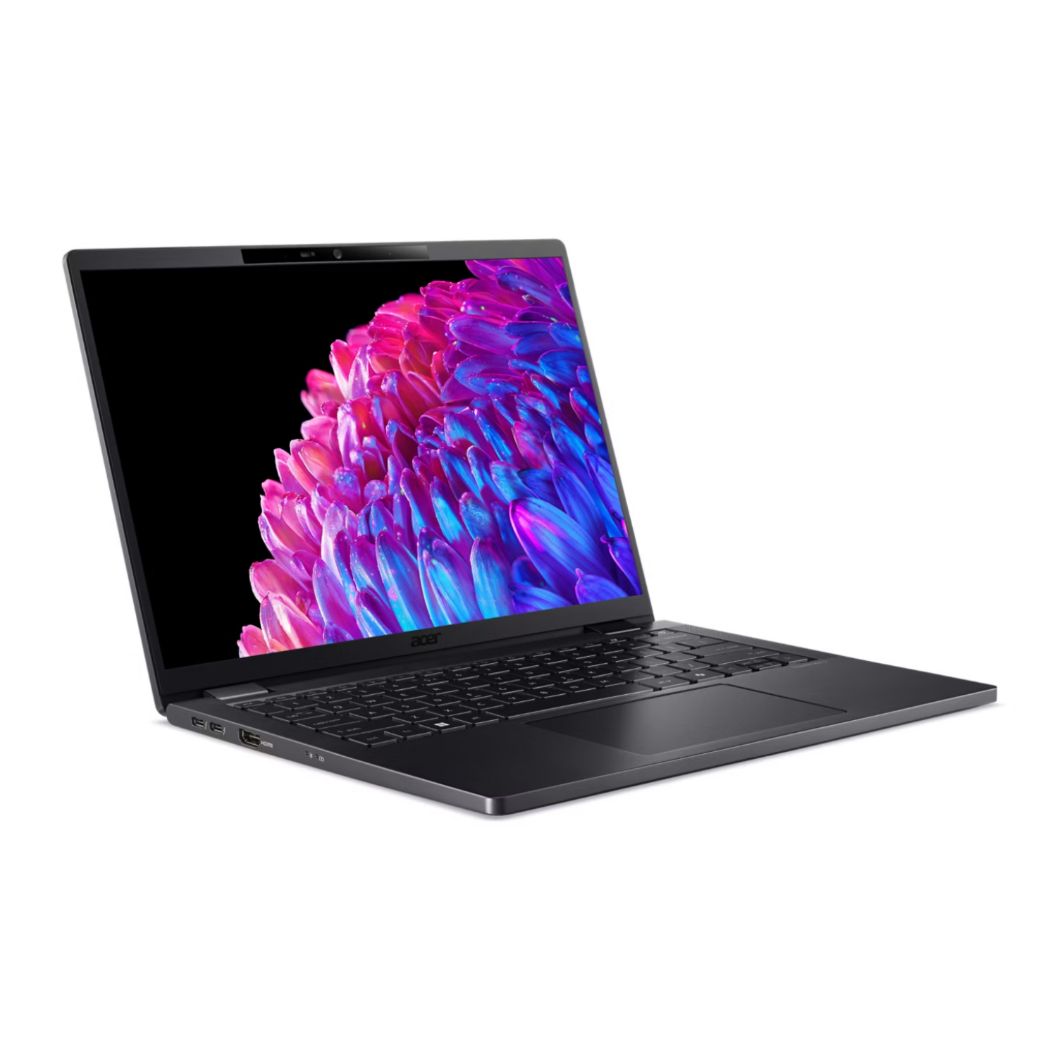 Ciemny laptop, otwarty z kolorową tapetą, na białym tle.