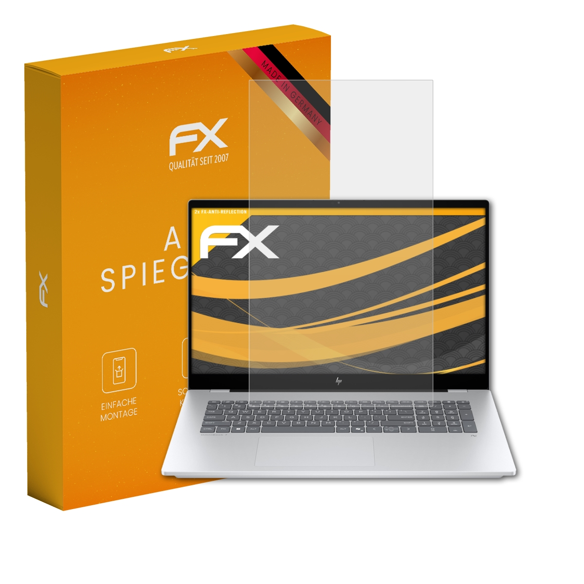 Ein Laptop mit einer Displayschutzfolie und einer orangefarbenen Verpackung.