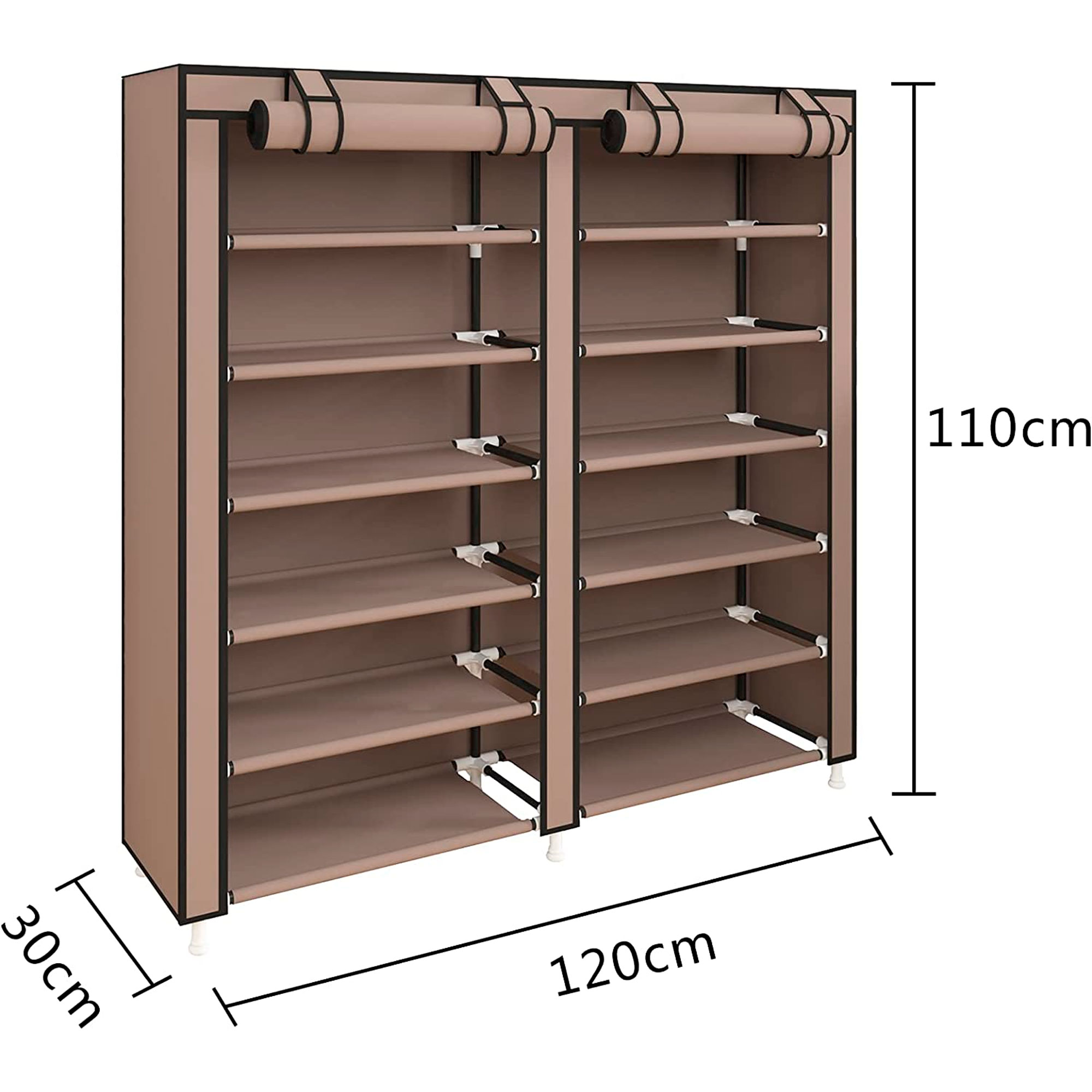 Zapatero marrón de 10 niveles, medidas 120x30x110cm.