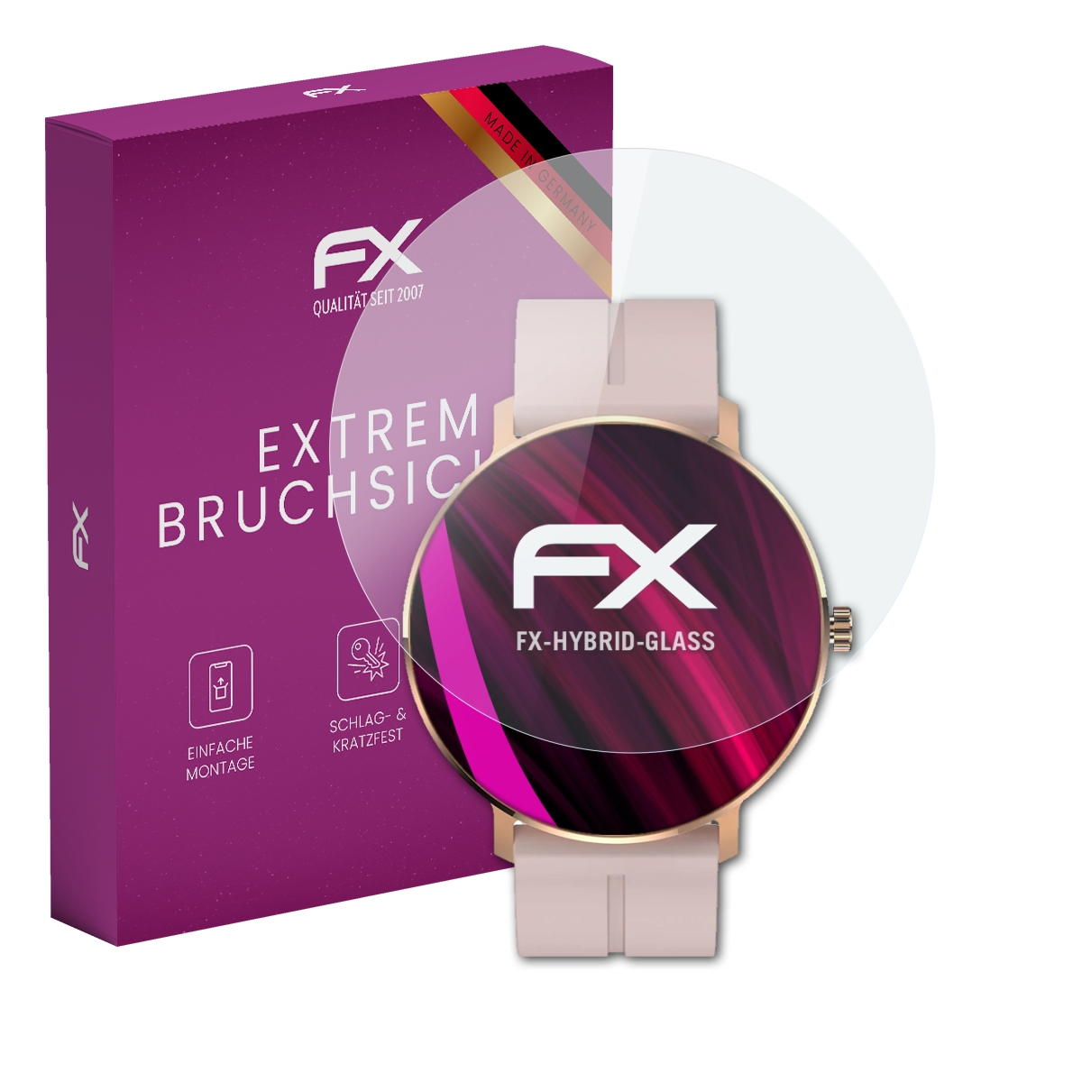 Verpackung und Displayschutzfolie für eine Uhr mit FX-Logo.