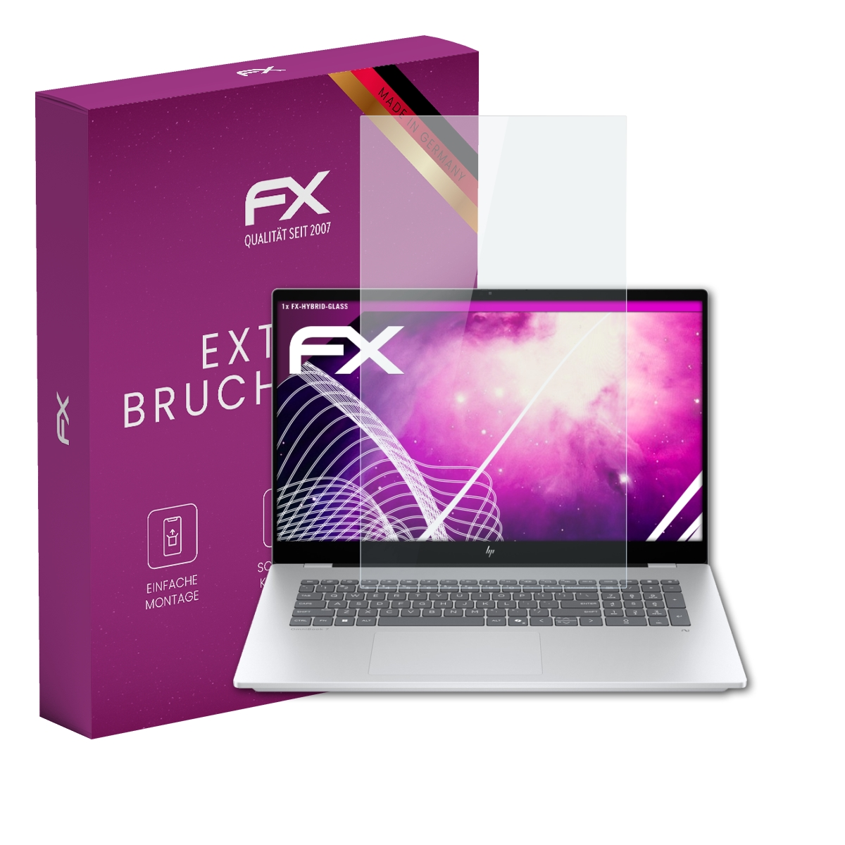 Ein Laptop mit einem Displayschutz und einer lila Verpackung daneben.