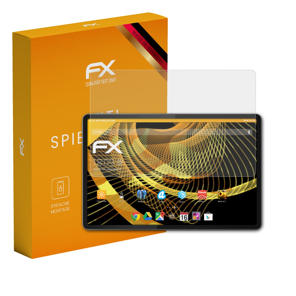 Ein Tablet mit einer Bildschirmschutzfolie und einer orangen Verpackung daneben.