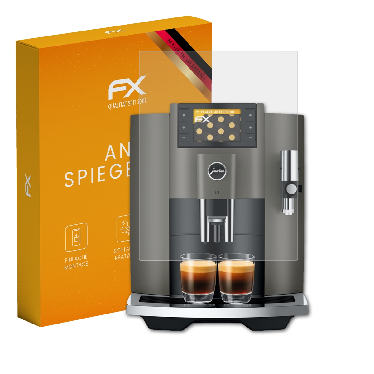 Graue Jura E8 Kaffeemaschine mit zwei Espressos, daneben eine orangefarbene Verpackung.