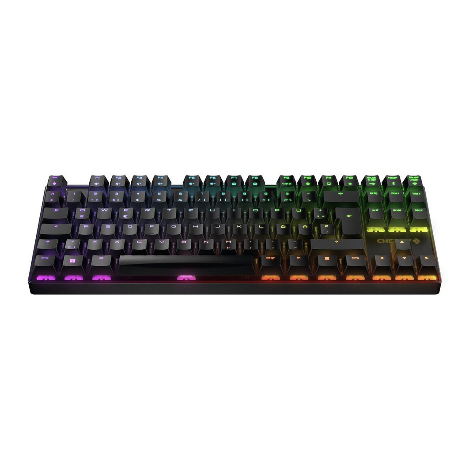 Czarna klawiatura mechaniczna z podświetleniem RGB. Klawisze pokazują litery i symbole.