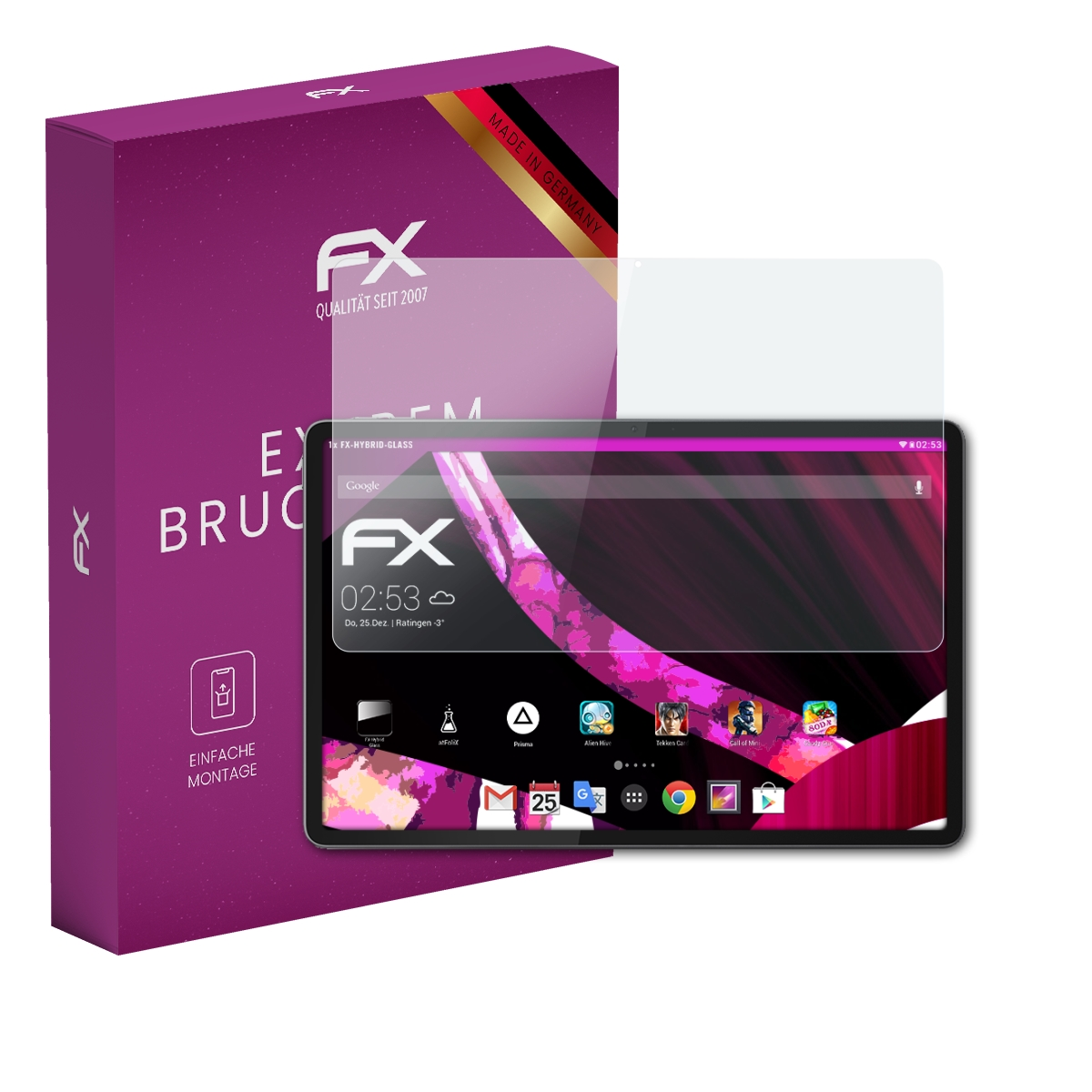 Lila Verpackung mit einem Tablet und Displayschutzfolie. Made in Germany.