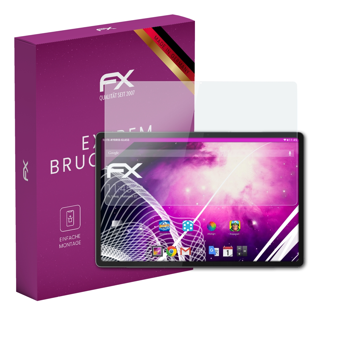 Lila Verpackung mit Tablet-Schutzglas. Made in Germany.