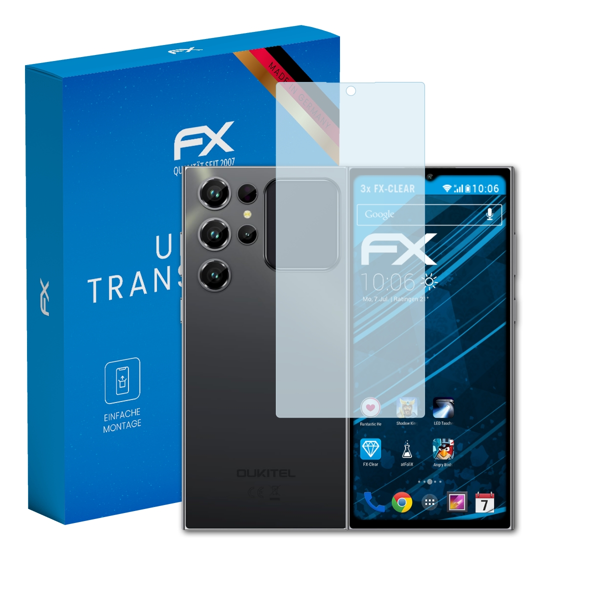 Ein OUKITEL Smartphone mit Displayschutzfolie und Verpackung. Made in Germany.