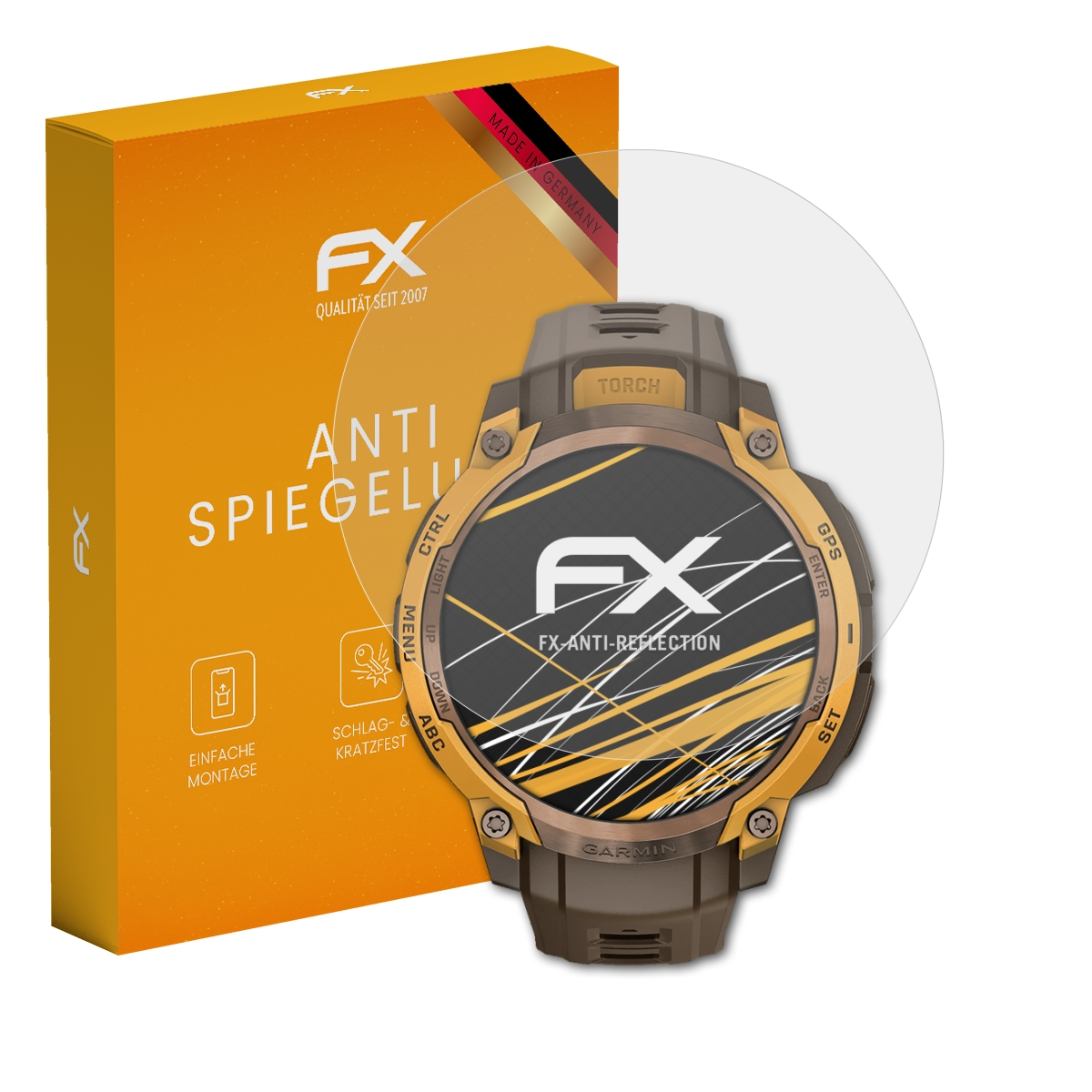 FX Anti-Spiegelungsschutz für Garmin Uhr mit orangefarbener Verpackung.