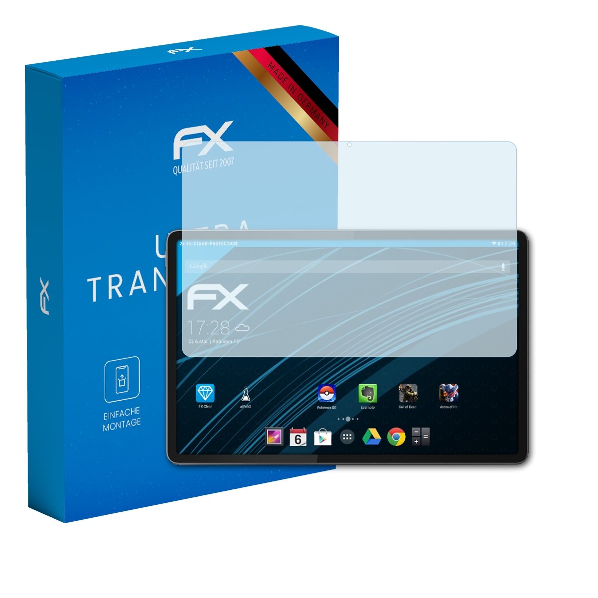 FX Displayschutzfolie und Verpackung: Tablet mit Apps und Uhrzeit 17:28.
