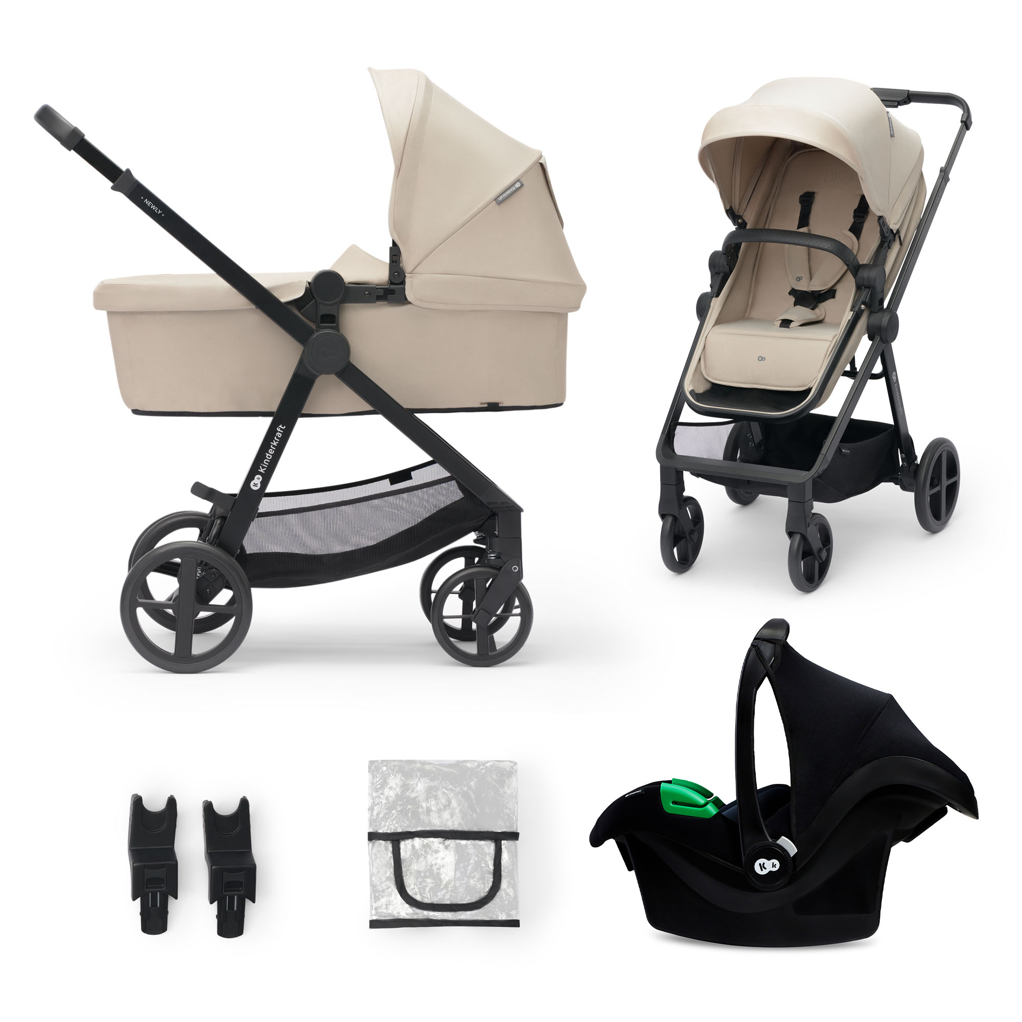 Kinderwagen mit Babywanne, Sportsitz, Babyschale und Zubehör.