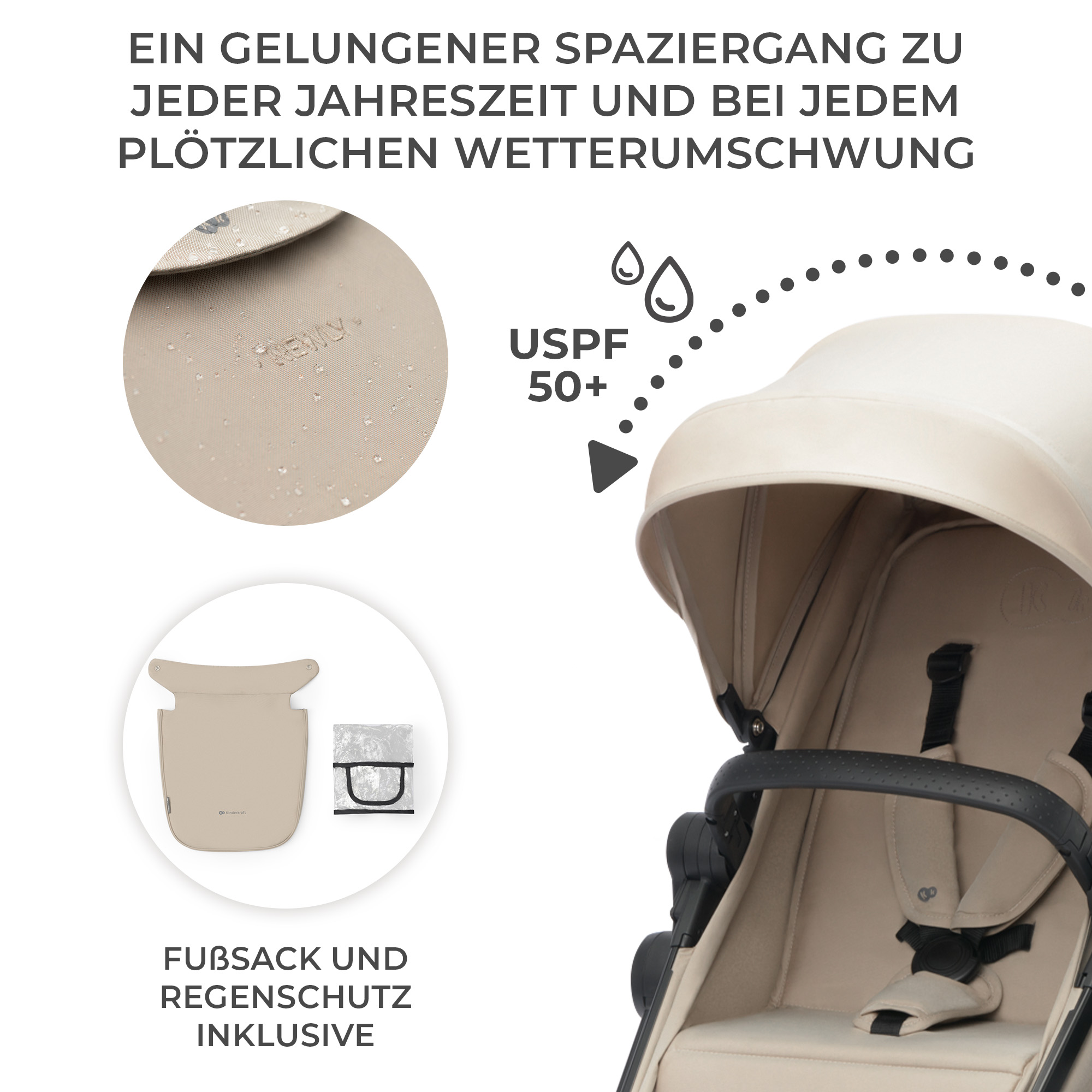 Ein beiger Kinderwagen mit Sonnendach, Fußsack und Regenschutz.