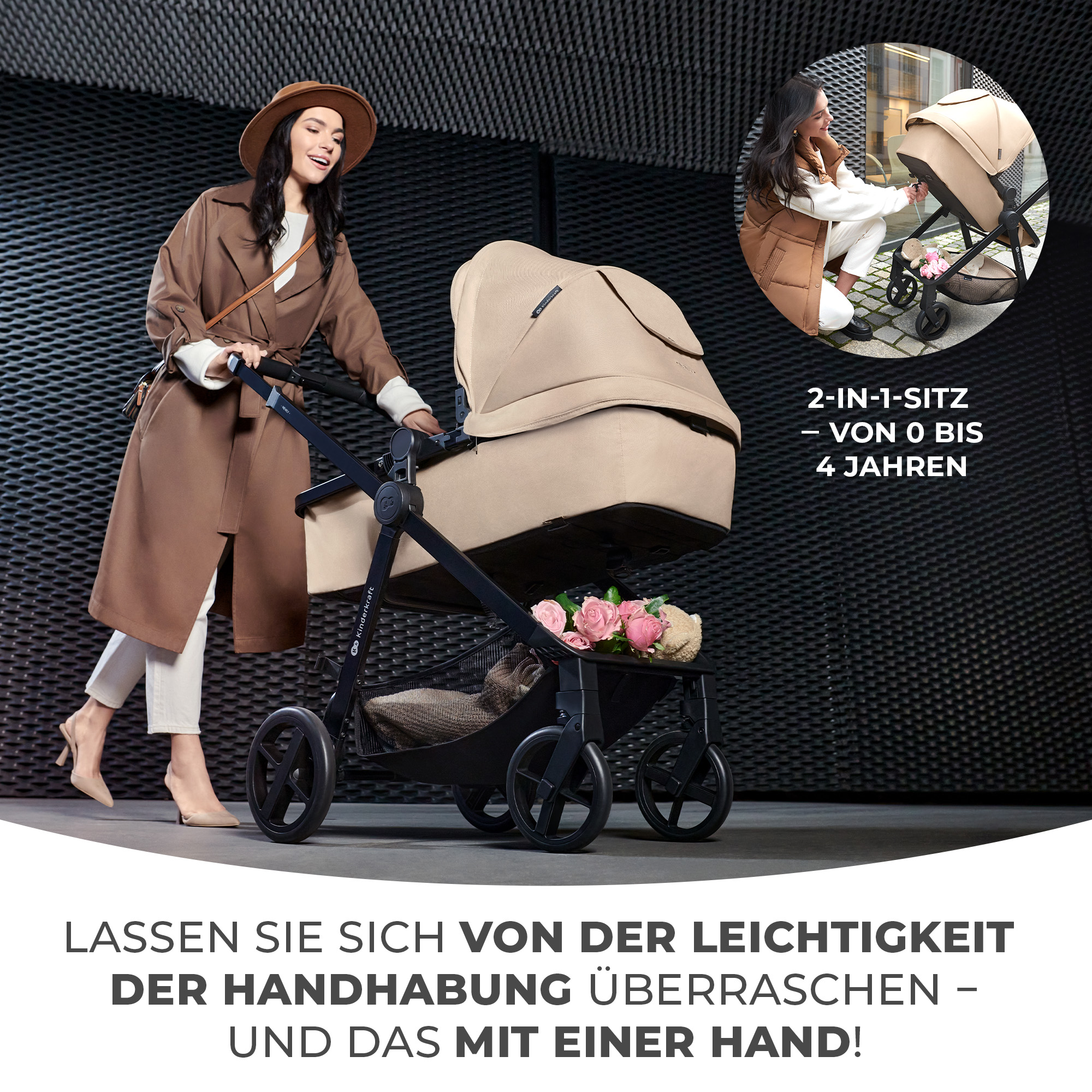Eine Frau schiebt einen beigefarbenen Kinderwagen mit Blumen im Korb.