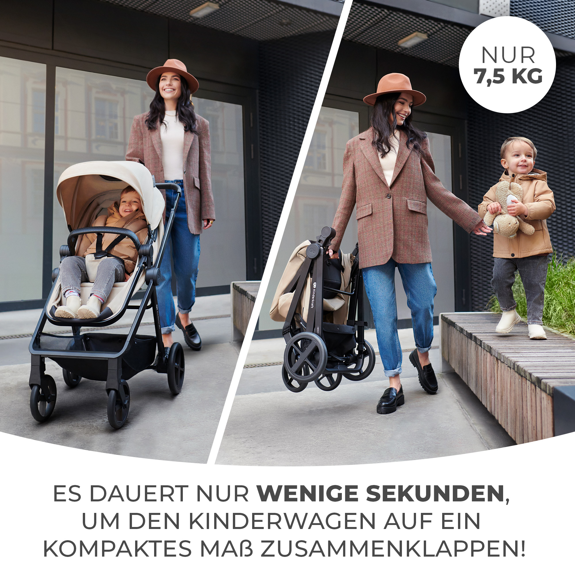 Frau schiebt Kinderwagen, Kind sitzt drin. Rechts: Frau faltet Kinderwagen. 7,5kg.