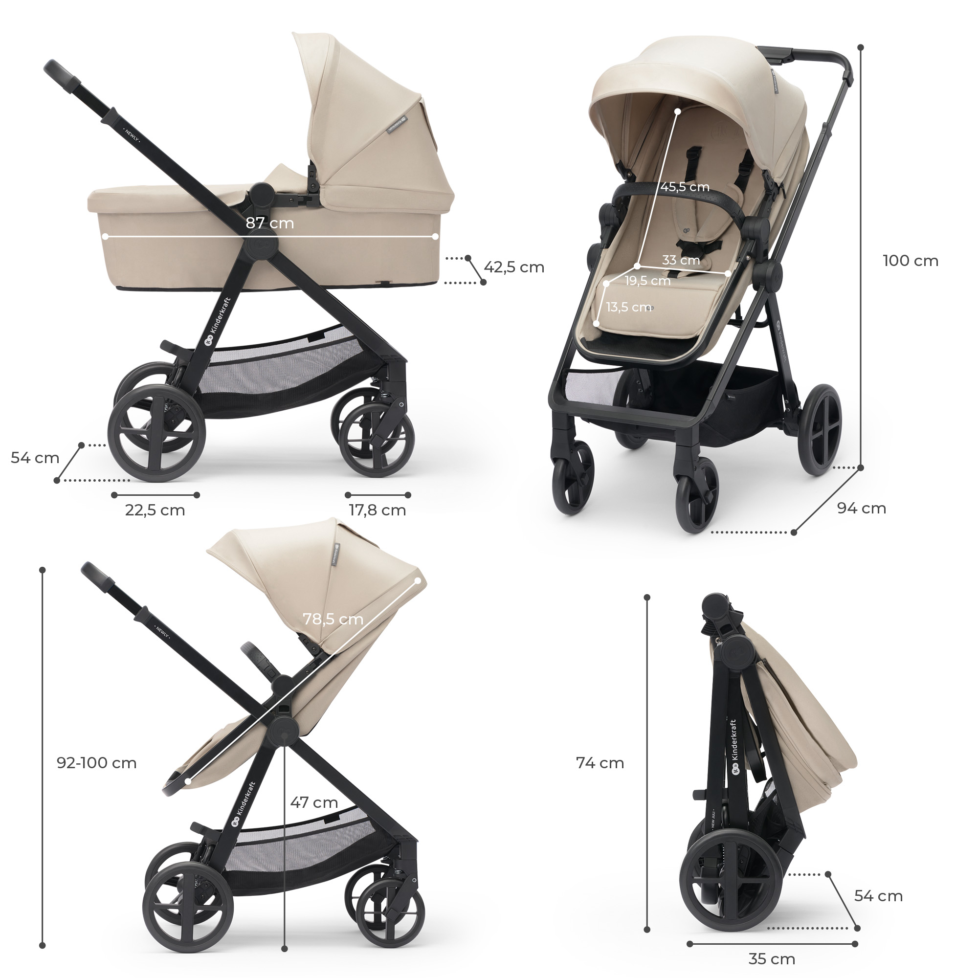 Beiger Kinderwagen in vier Ansichten mit Maßangaben.