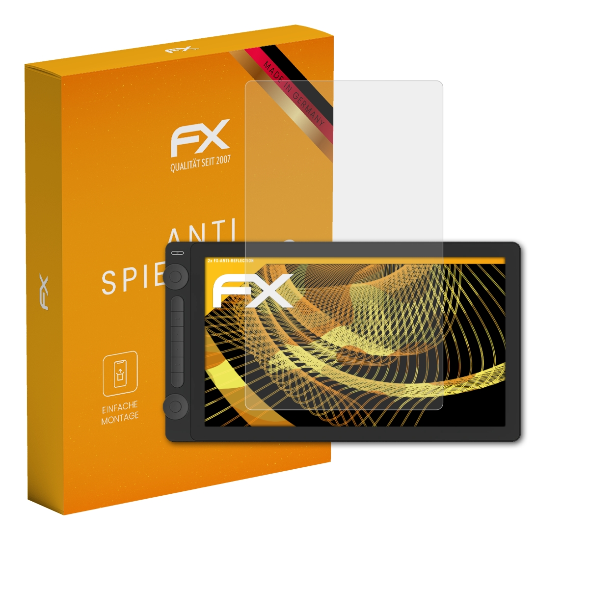 Verpackung und Displayschutzfolie für ein Tablet mit abstraktem Muster auf dem Bildschirm.