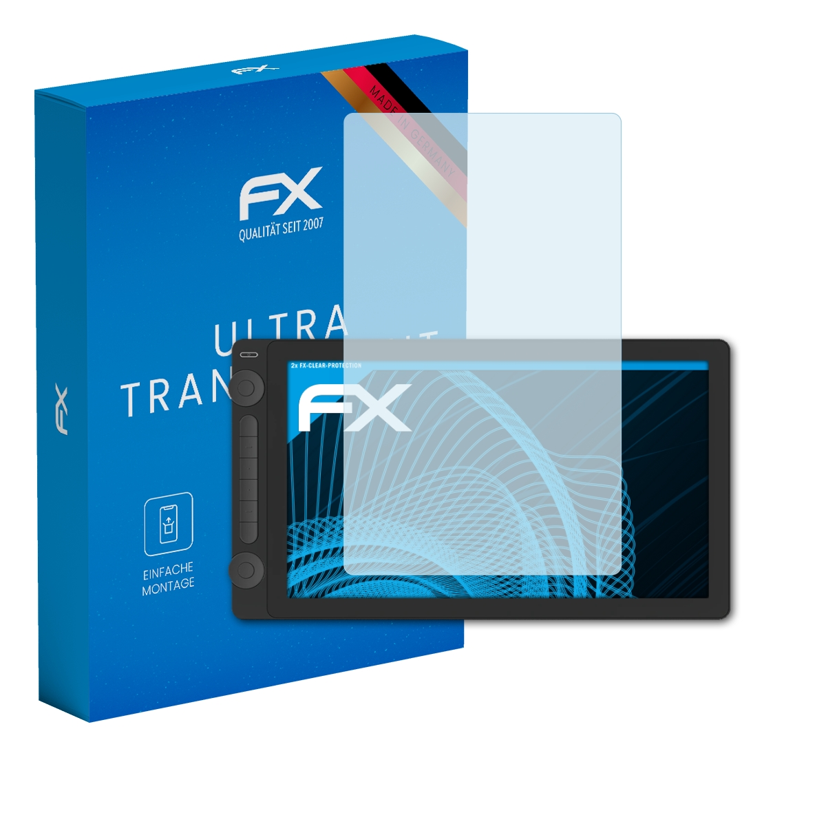 Blaue Verpackung mit FX-Logo, daneben ein Tablet mit Schutzfolie.