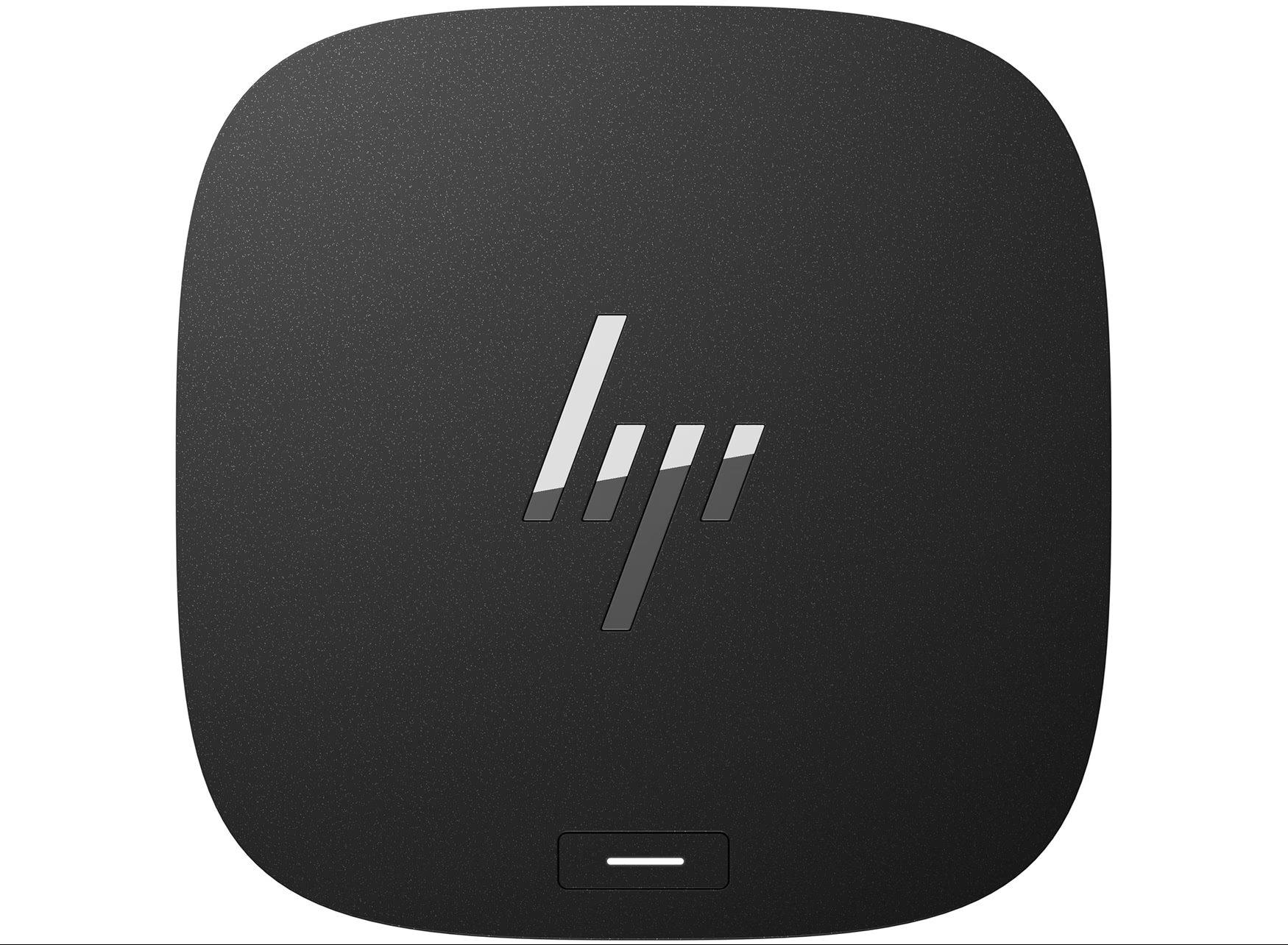 Czarna, zaokrąglona skrzynka z logo HP i przyciskiem.