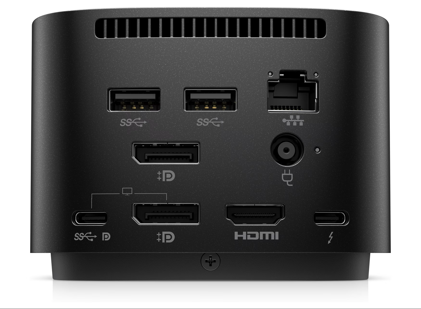 Czarny port dokujący ze złączami USB, HDMI, DisplayPort i Thunderbolt.