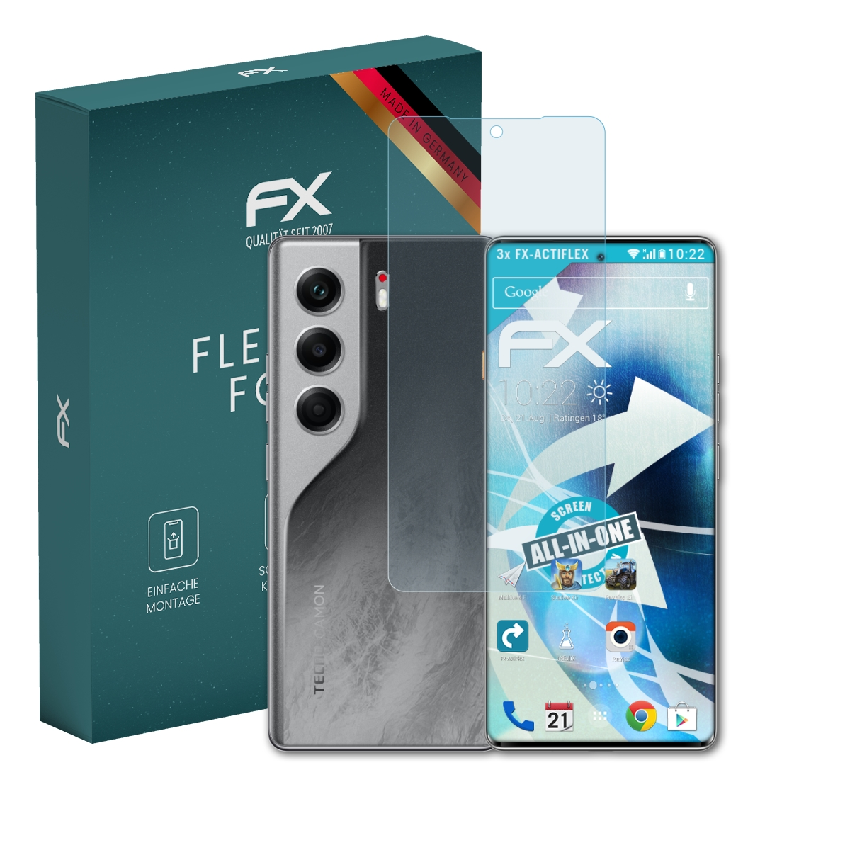 FX Handy-Schutzfolie mit Verpackung und Smartphone. Made in Germany.