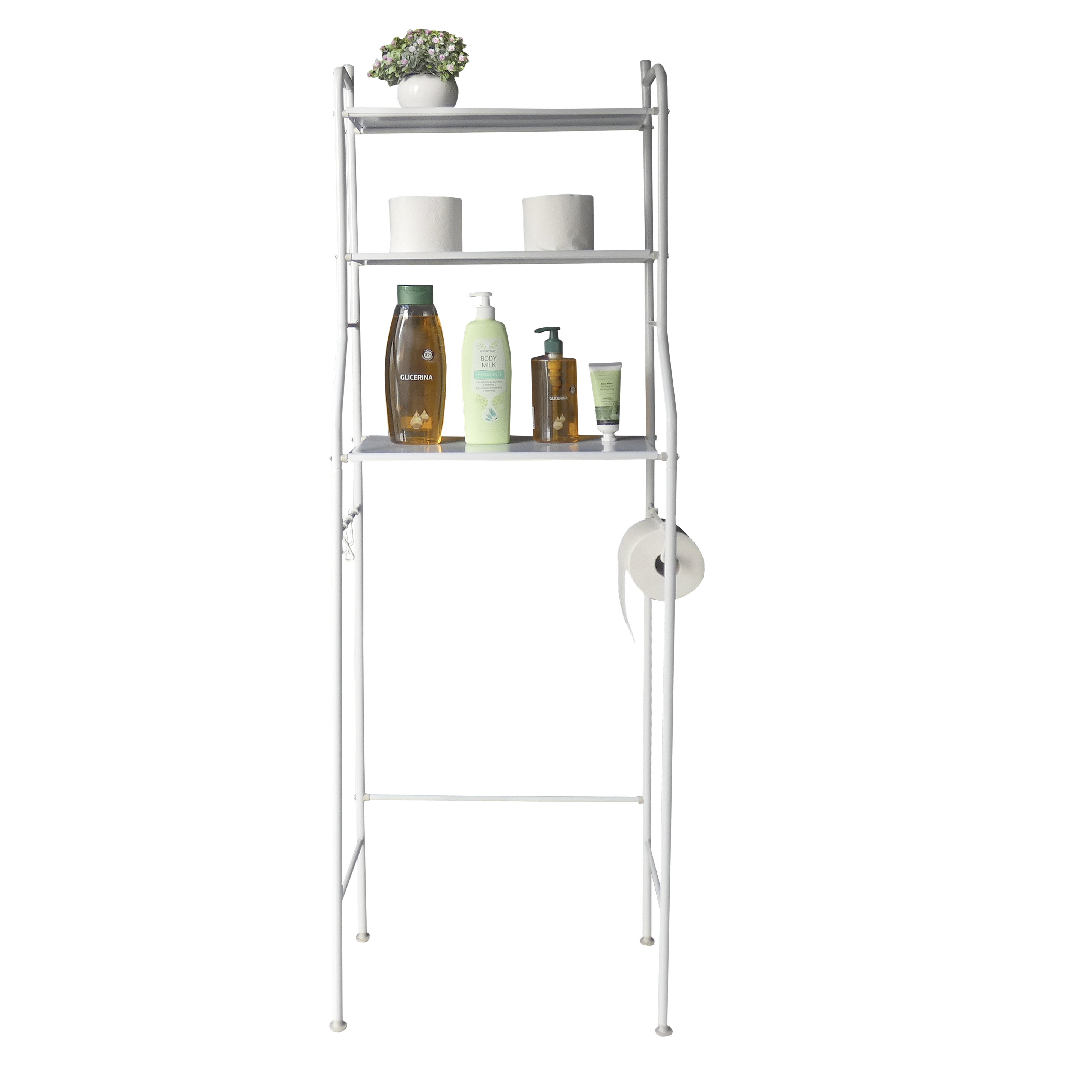 Un estante blanco con artículos decorativos y de tocador.