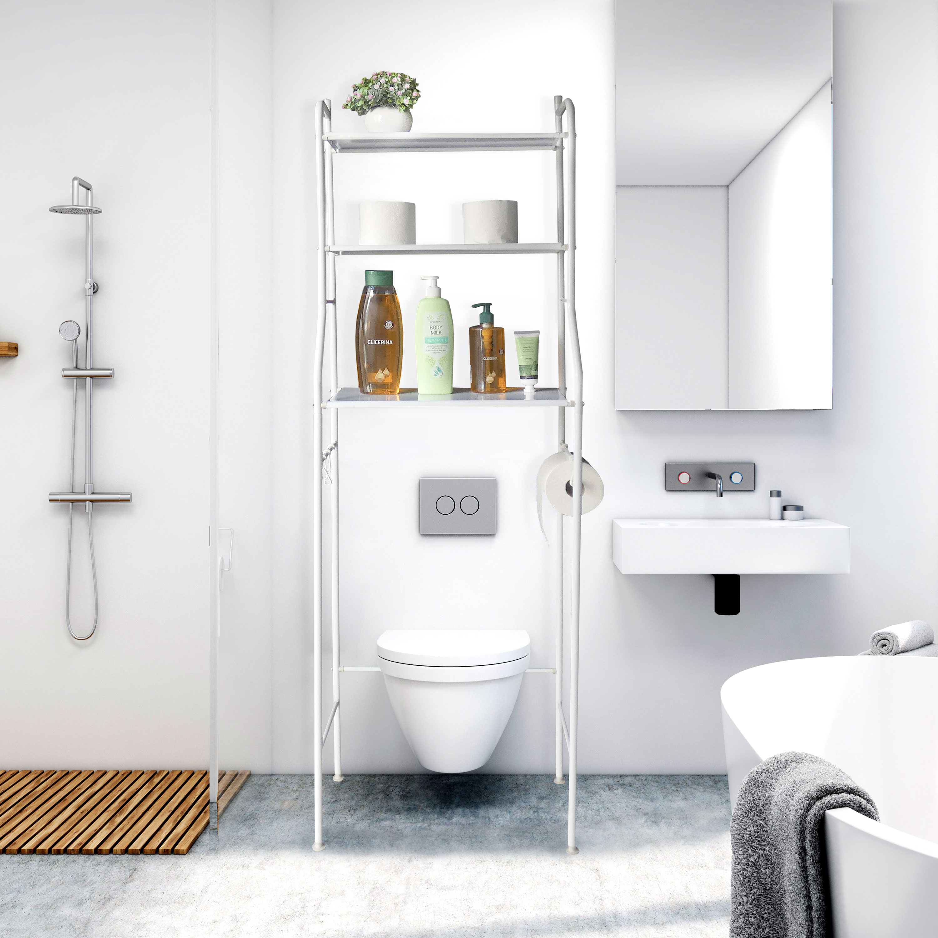 Un baño moderno con inodoro, estantería, lavabo y bañera.
